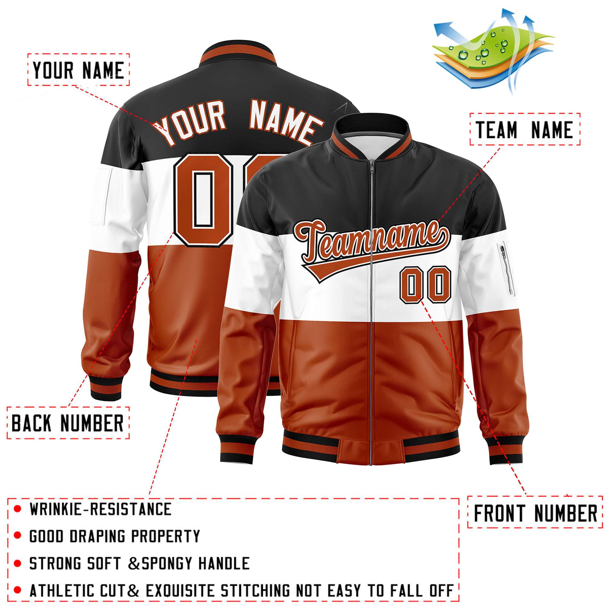 Custom Black White-Texas Orange Varsity Full-Zip Color Block Letterman Bomber Jacket