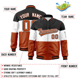 Custom Black White-Texas Orange Varsity Full-Zip Color Block Letterman Bomber Jacket