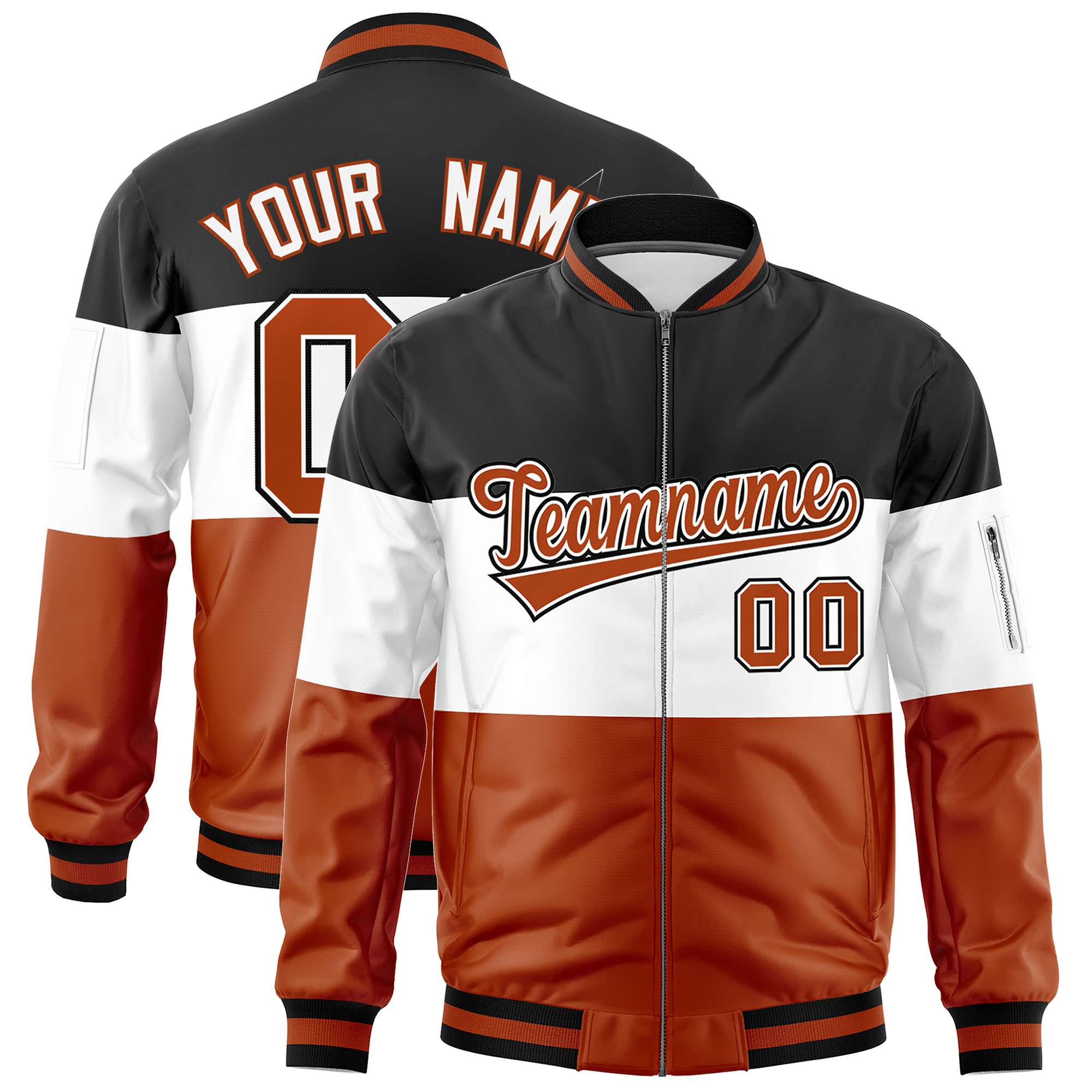 Custom Black White-Texas Orange Varsity Full-Zip Color Block Letterman Bomber Jacket