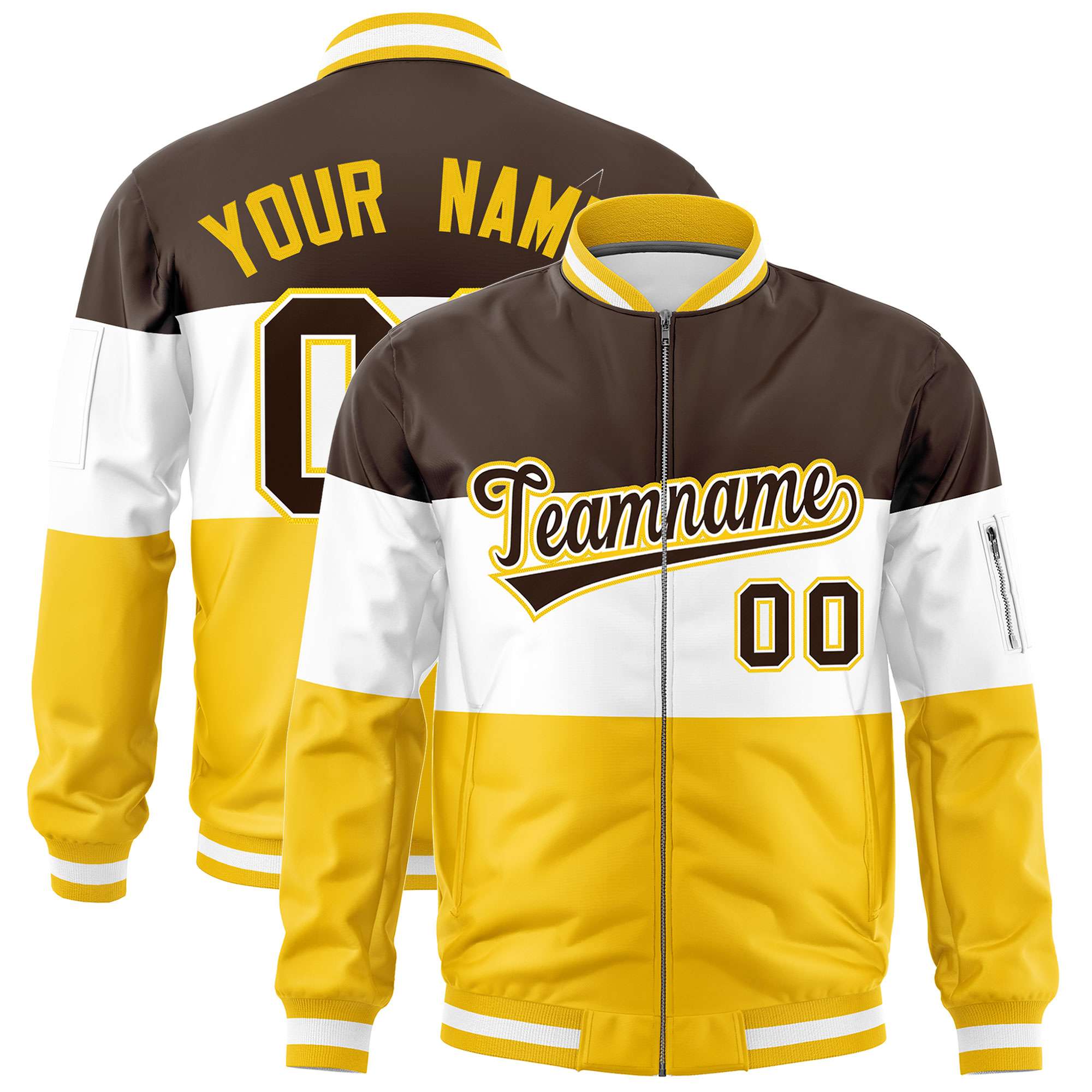 Custom Brown White-Gold Varsity Full-Zip Color Block Letterman Bomber Jacket