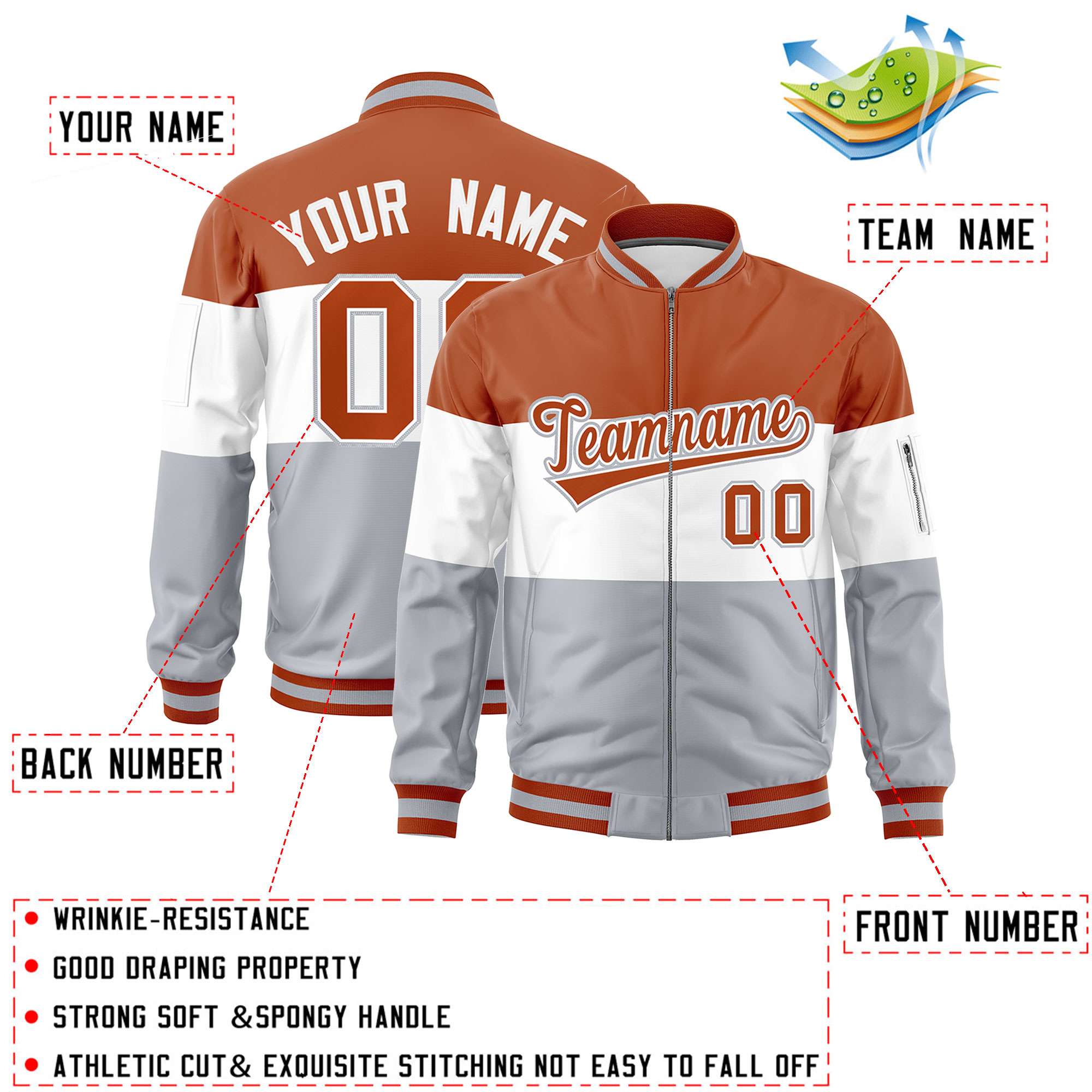 Custom Texas Orange White-Silver Varsity Full-Zip Color Block Letterman Bomber Jacket