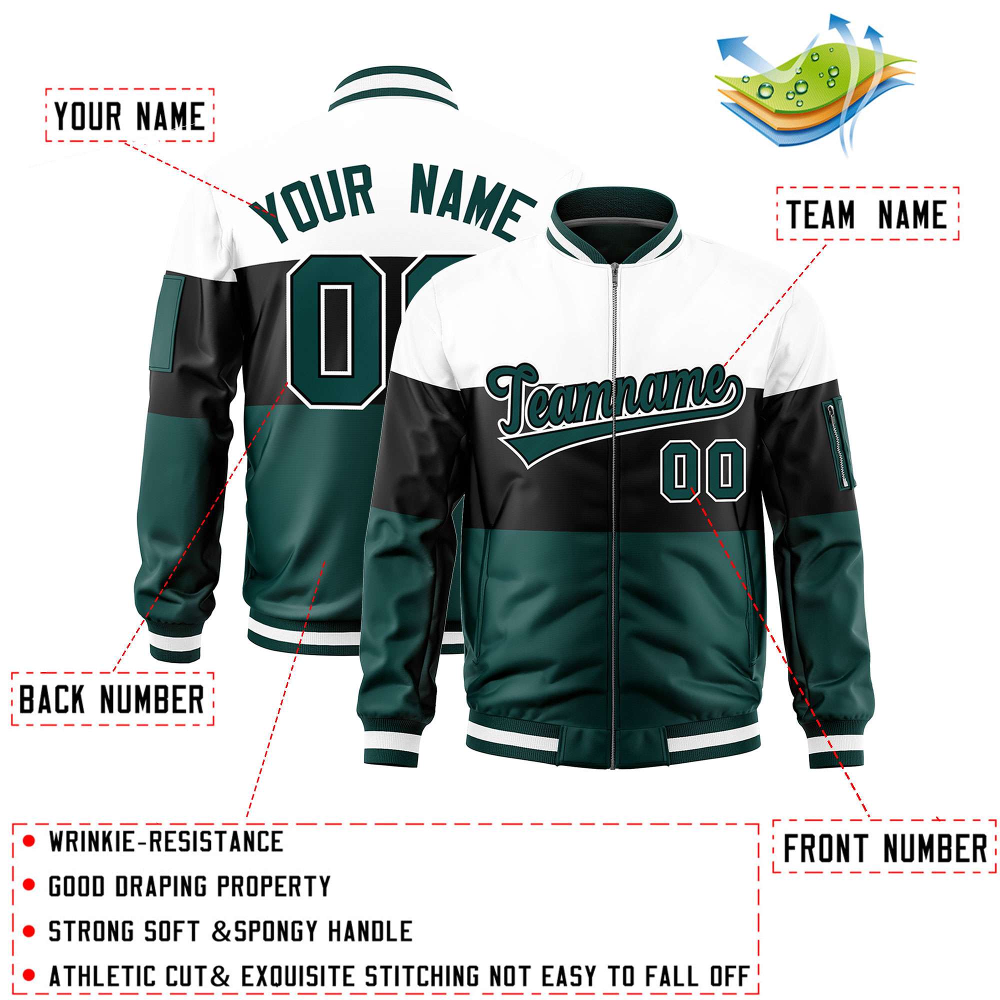 Custom White Black-Midnight Green Varsity Full-Zip Color Block Letterman Bomber Jacket