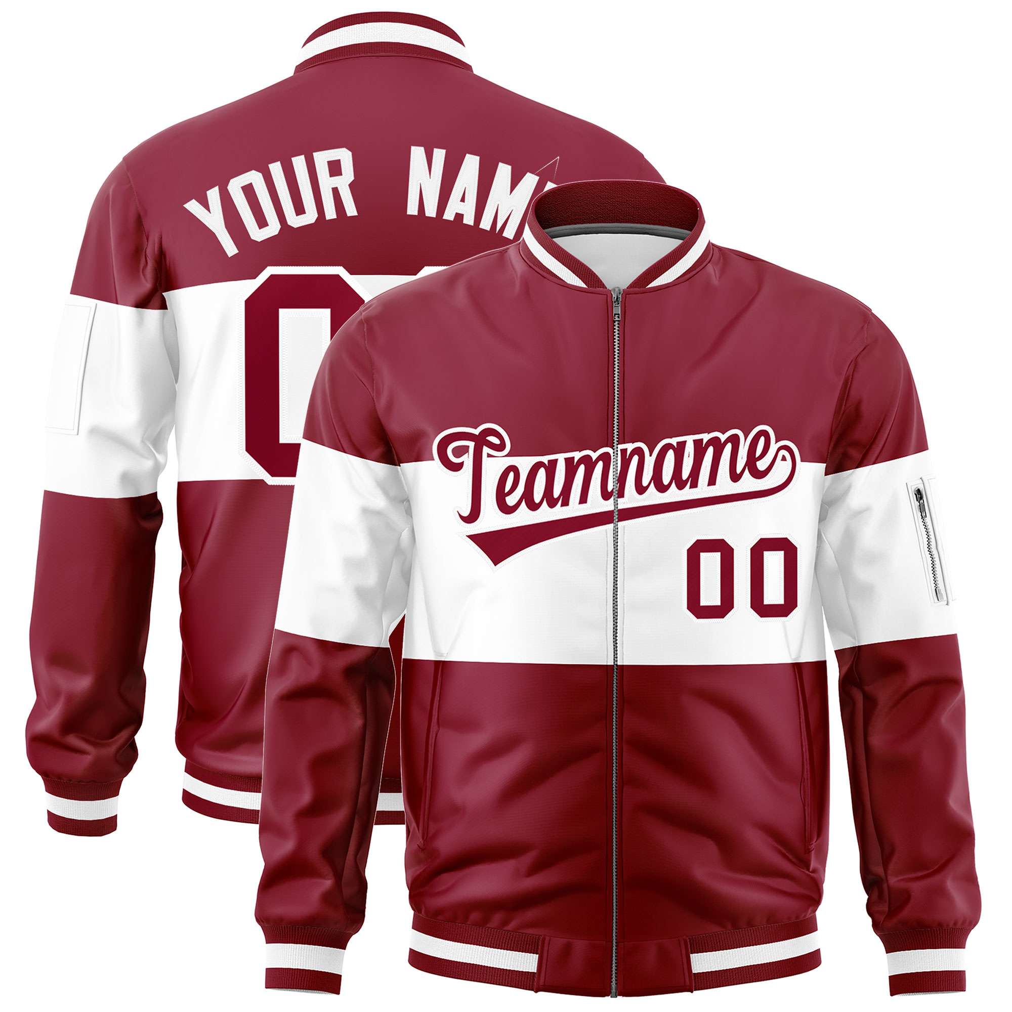 Custom Crimson White-Crimson Varsity Full-Zip Color Block Letterman Bomber Jacket