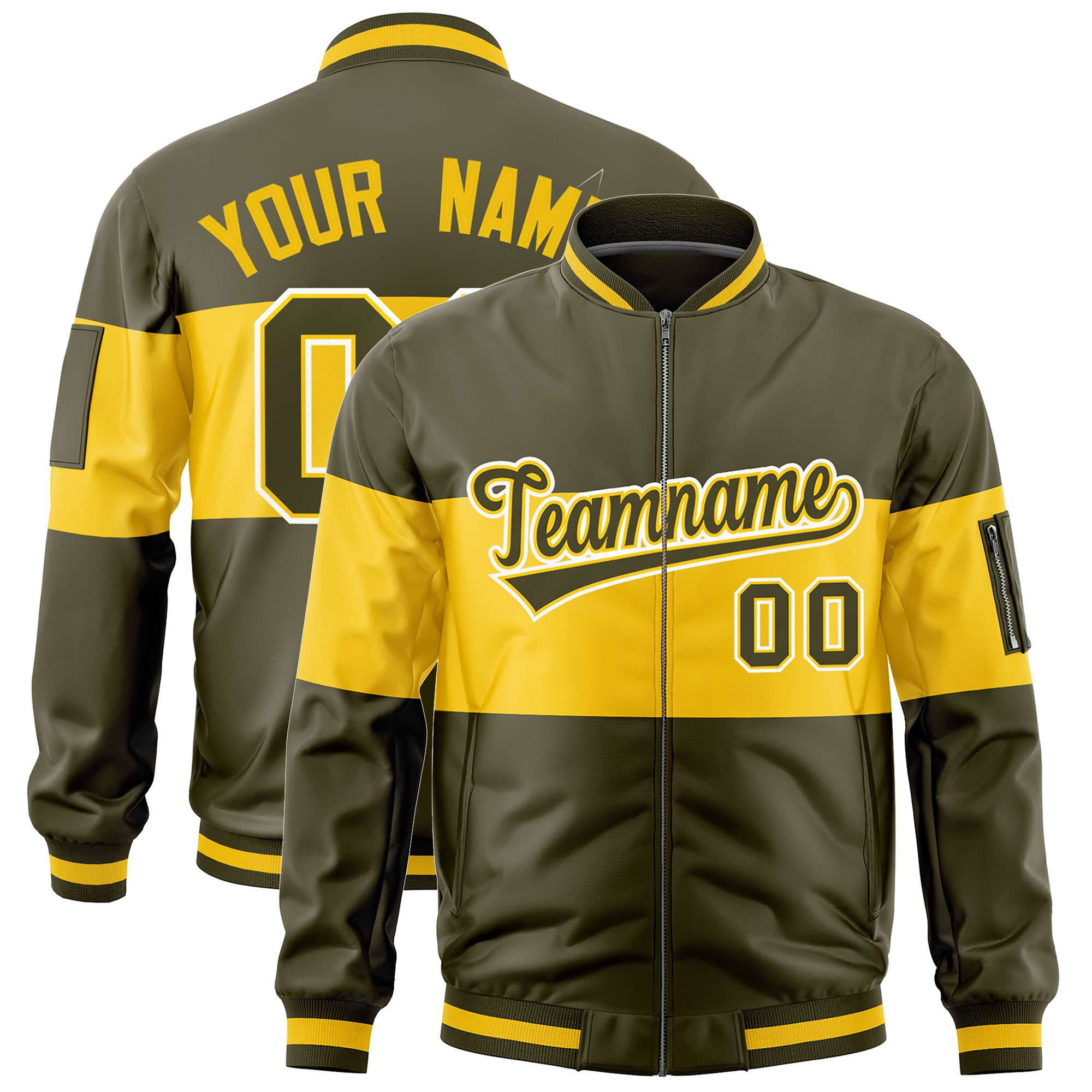 Custom Olive Gold-Olive Varsity Full-Zip Color Block Letterman Bomber Jacket