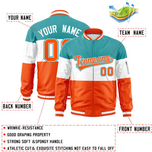 Custom Aqua White-Orange Varsity Full-Zip Color Block Letterman Bomber Jacket