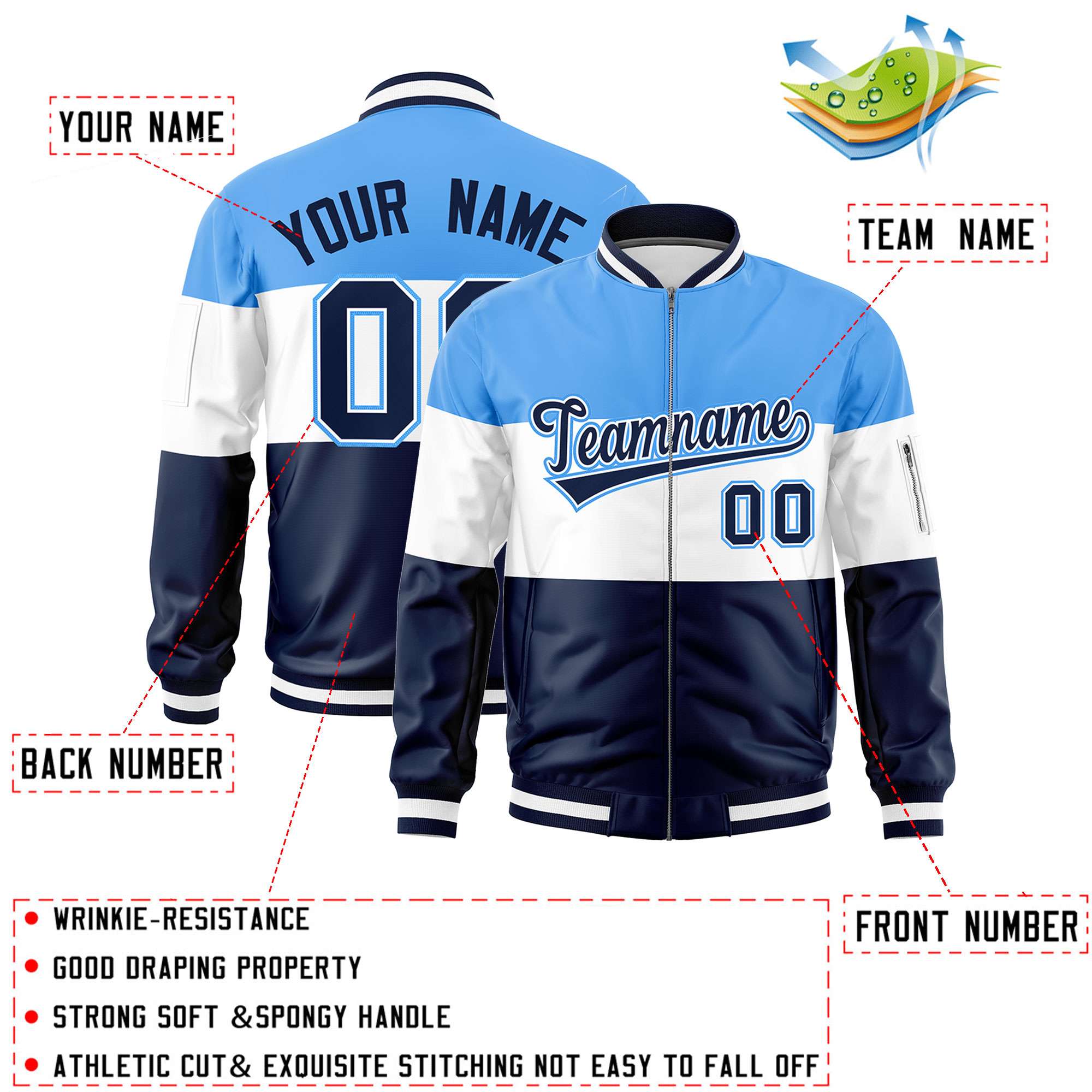 Custom Powder Blue White-Navy Varsity Full-Zip Color Block Letterman Bomber Jacket