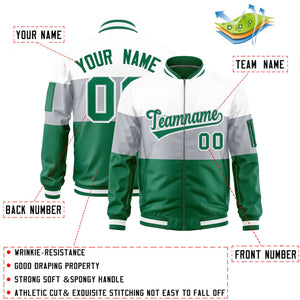 Custom White Silver-Kelly Green Varsity Full-Zip Color Block Letterman Bomber Jacket