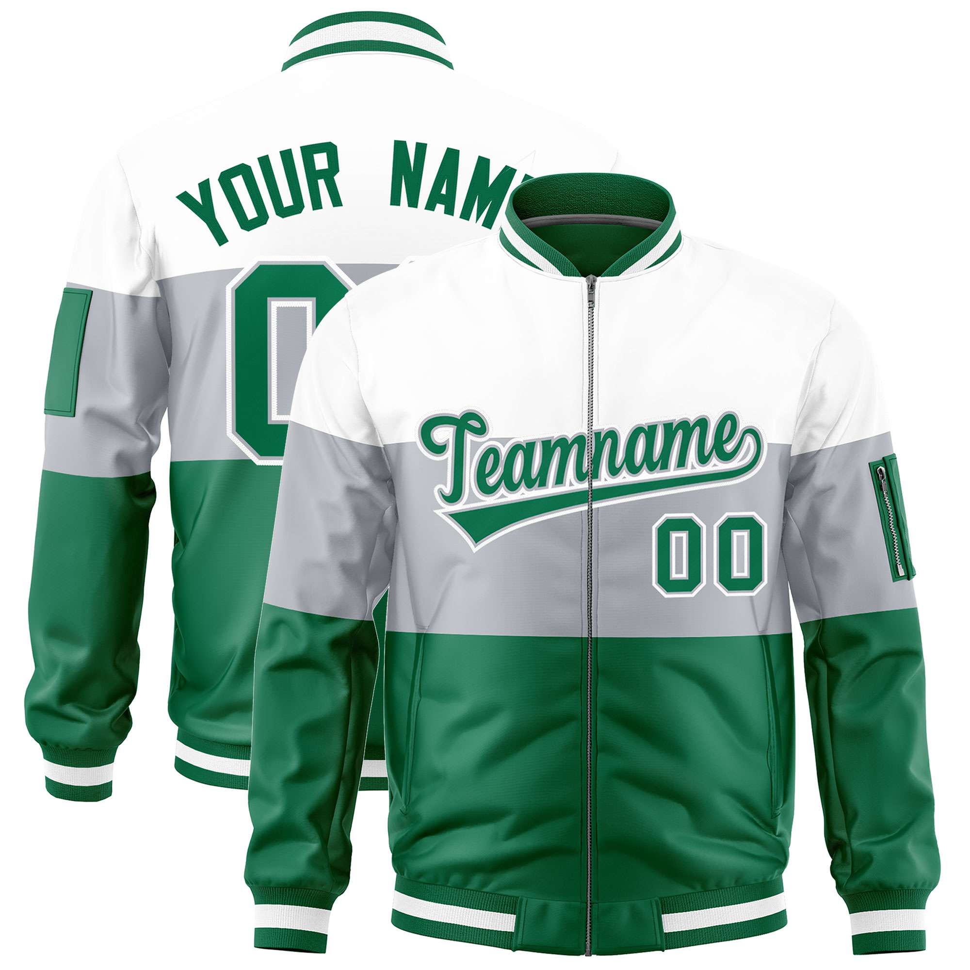 Custom White Silver-Kelly Green Varsity Full-Zip Color Block Letterman Bomber Jacket