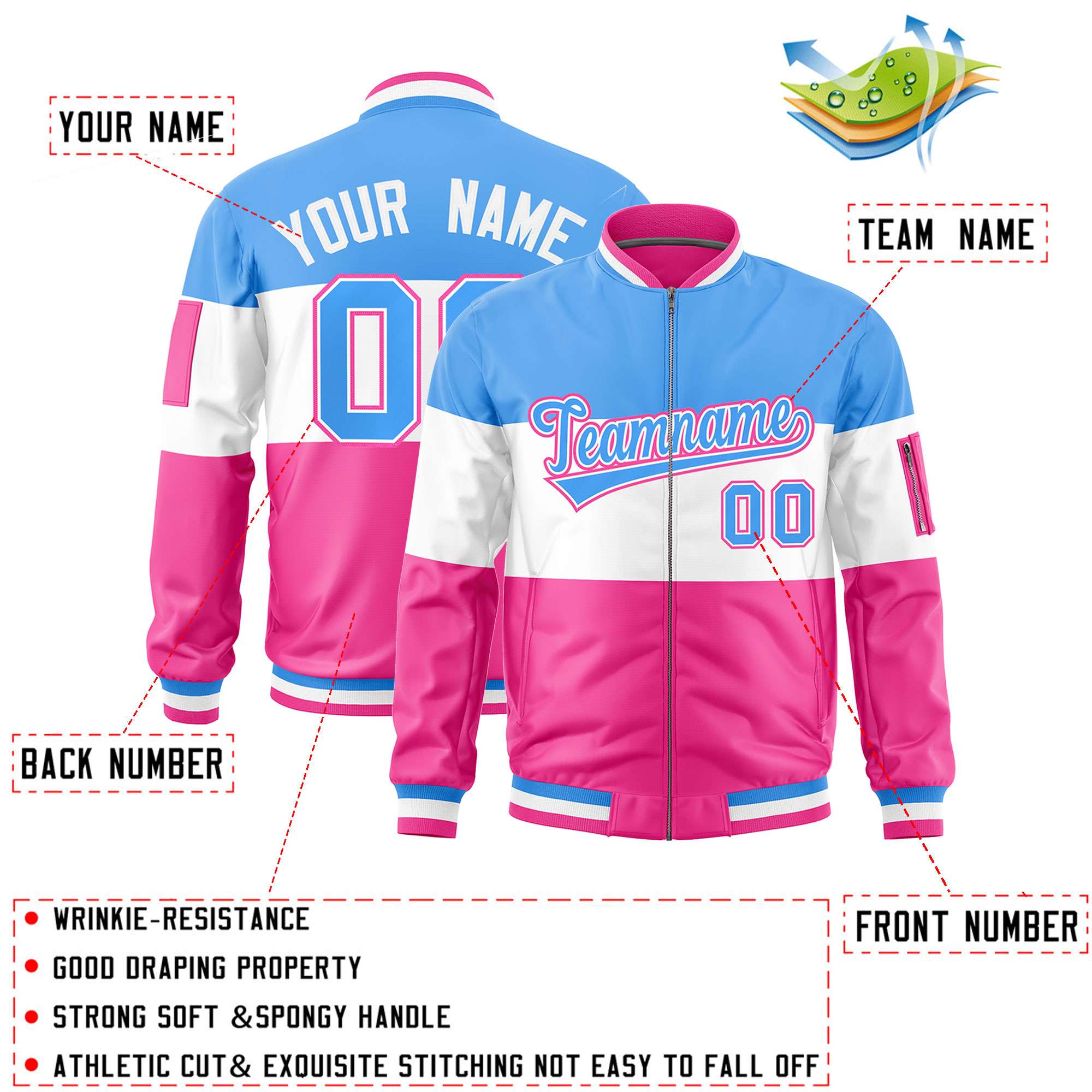 Custom Powder Blue White-Pink Varsity Full-Zip Color Block Letterman Bomber Jacket