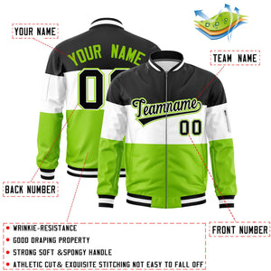 Custom Black White-Neon Green Varsity Full-Zip Color Block Letterman Bomber Jacket