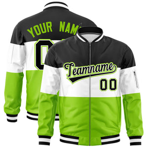 Custom Black White-Neon Green Varsity Full-Zip Color Block Letterman Bomber Jacket