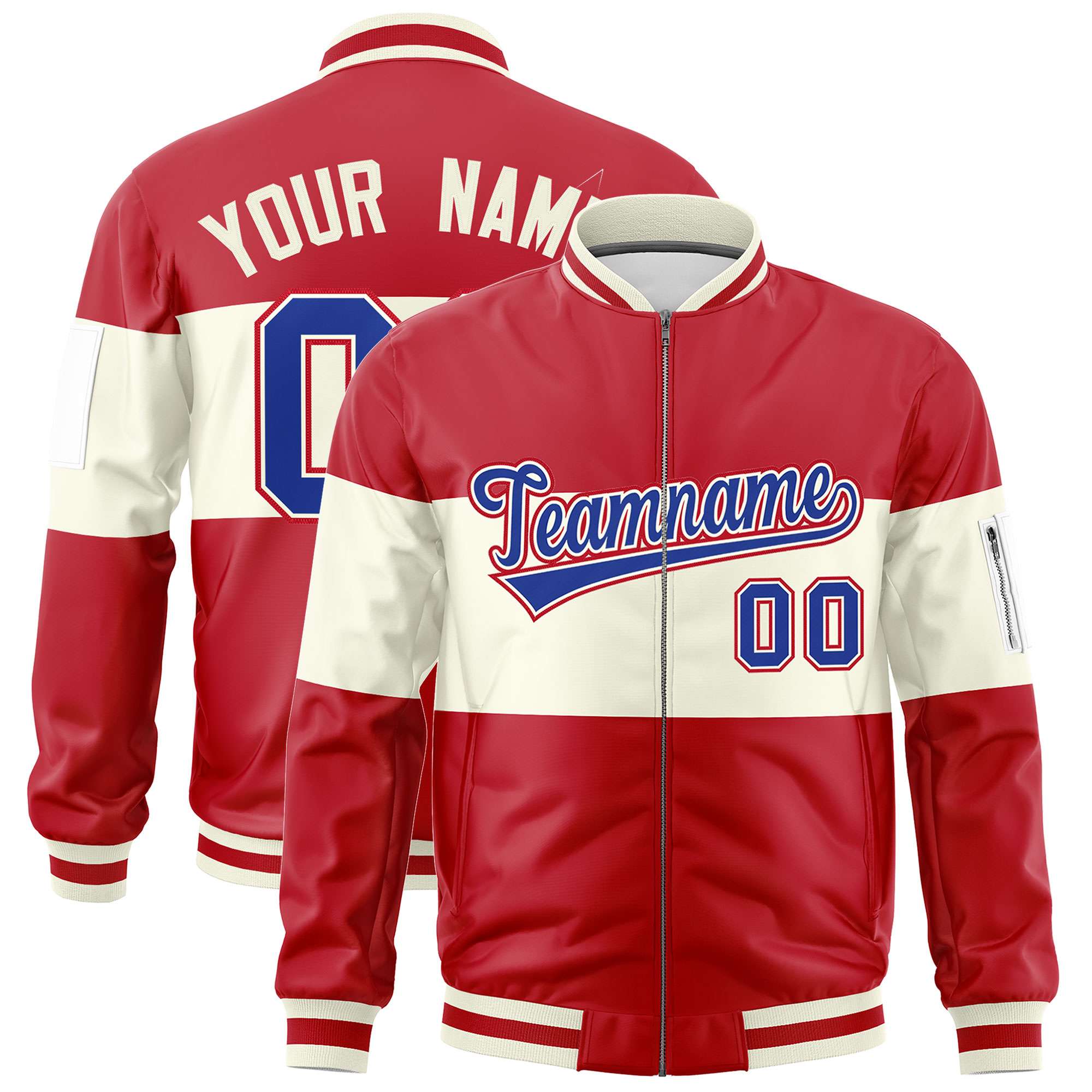 Custom Red Cream-Red Varsity Full-Zip Color Block Letterman Bomber Jacket