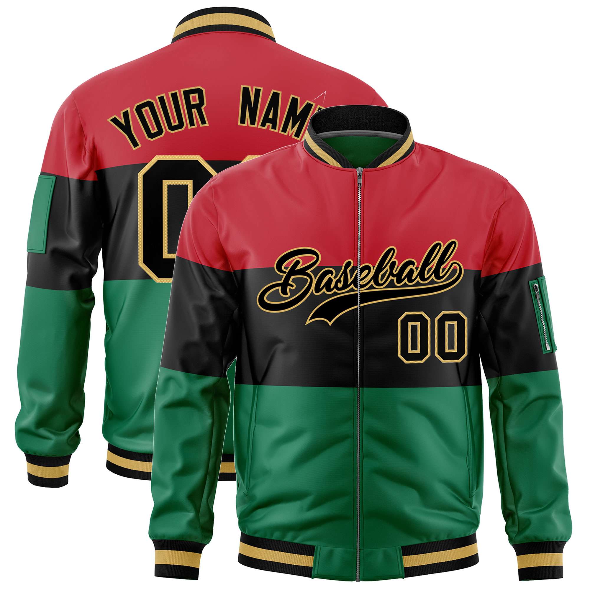 Custom Red Black-Kelly Green Varsity Full-Zip Color Block Letterman Bomber Jacket