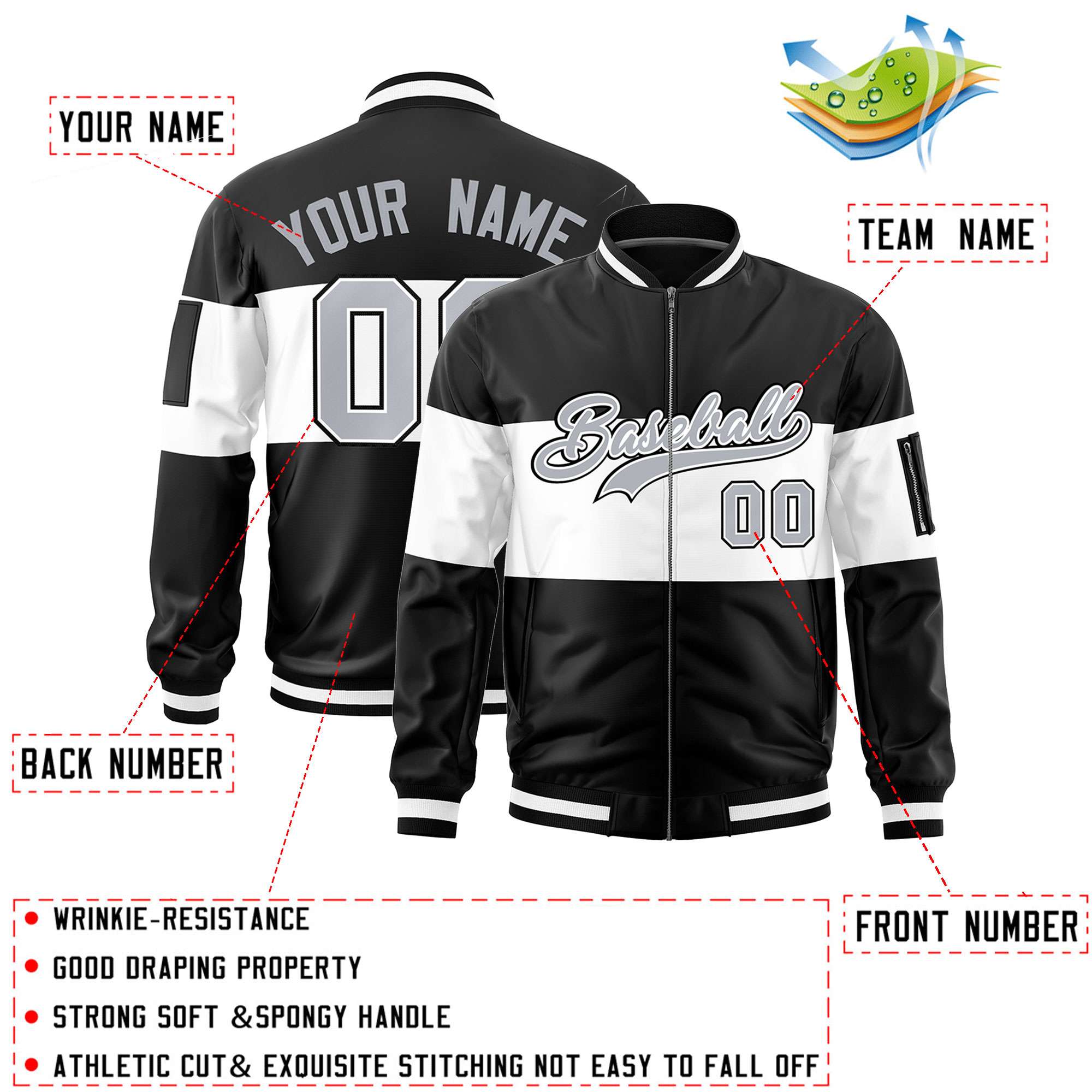 Custom Black White-Black Varsity Full-Zip Color Block Letterman Bomber Jacket