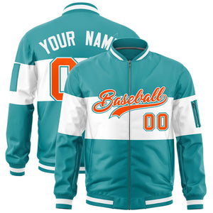 Custom Aqua White-Aqua Varsity Full-Zip Color Block Letterman Bomber Jacket