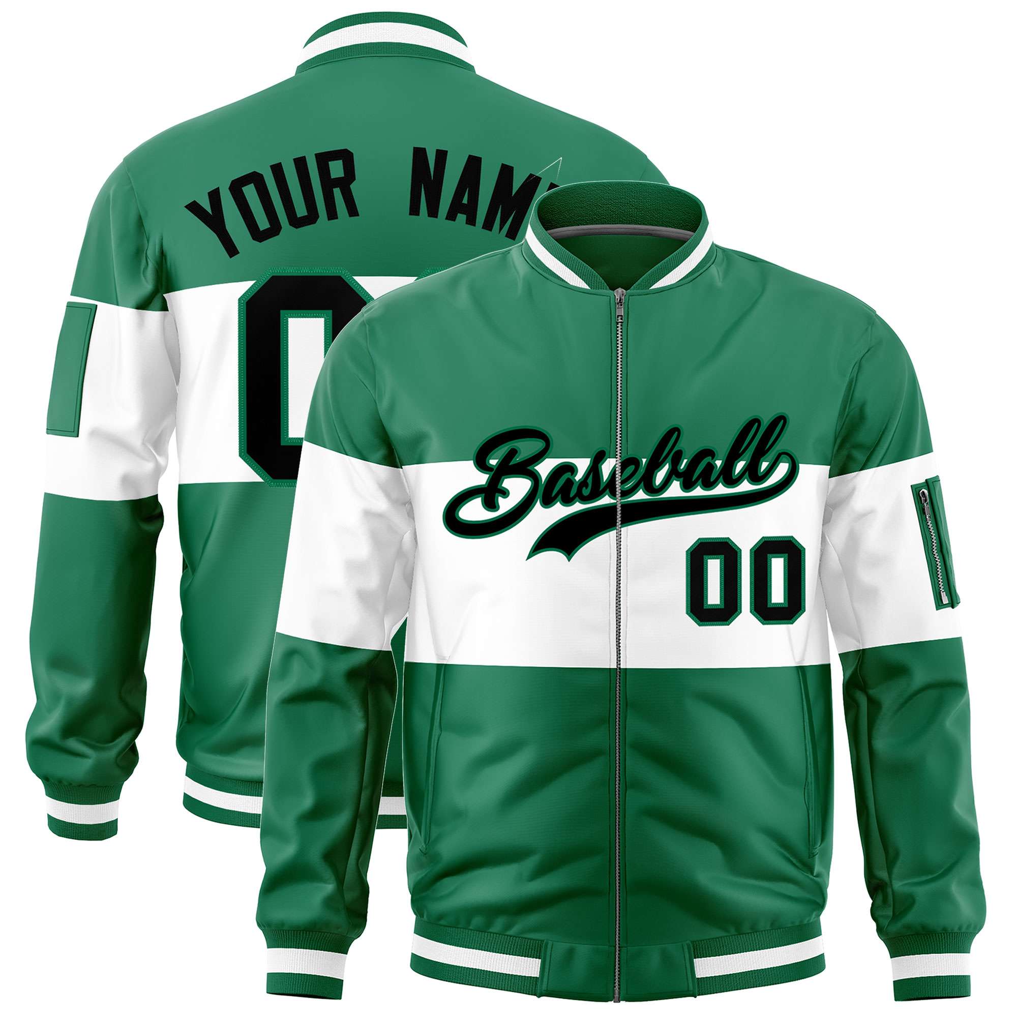 Custom Kelly Green White-Kelly Green Varsity Full-Zip Color Block Letterman Bomber Jacket