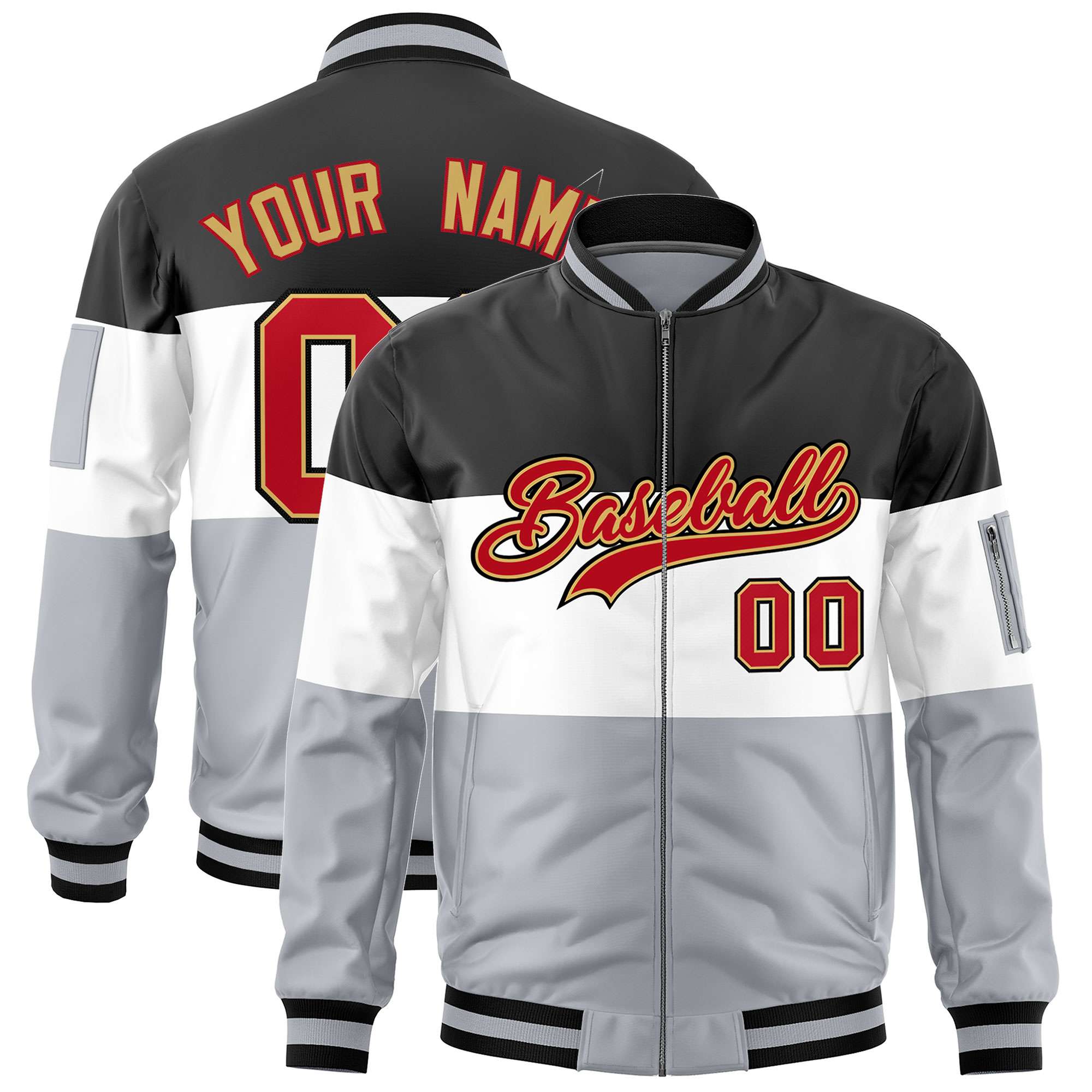 Custom Black White-Silver Varsity Full-Zip Color Block Letterman Bomber Jacket