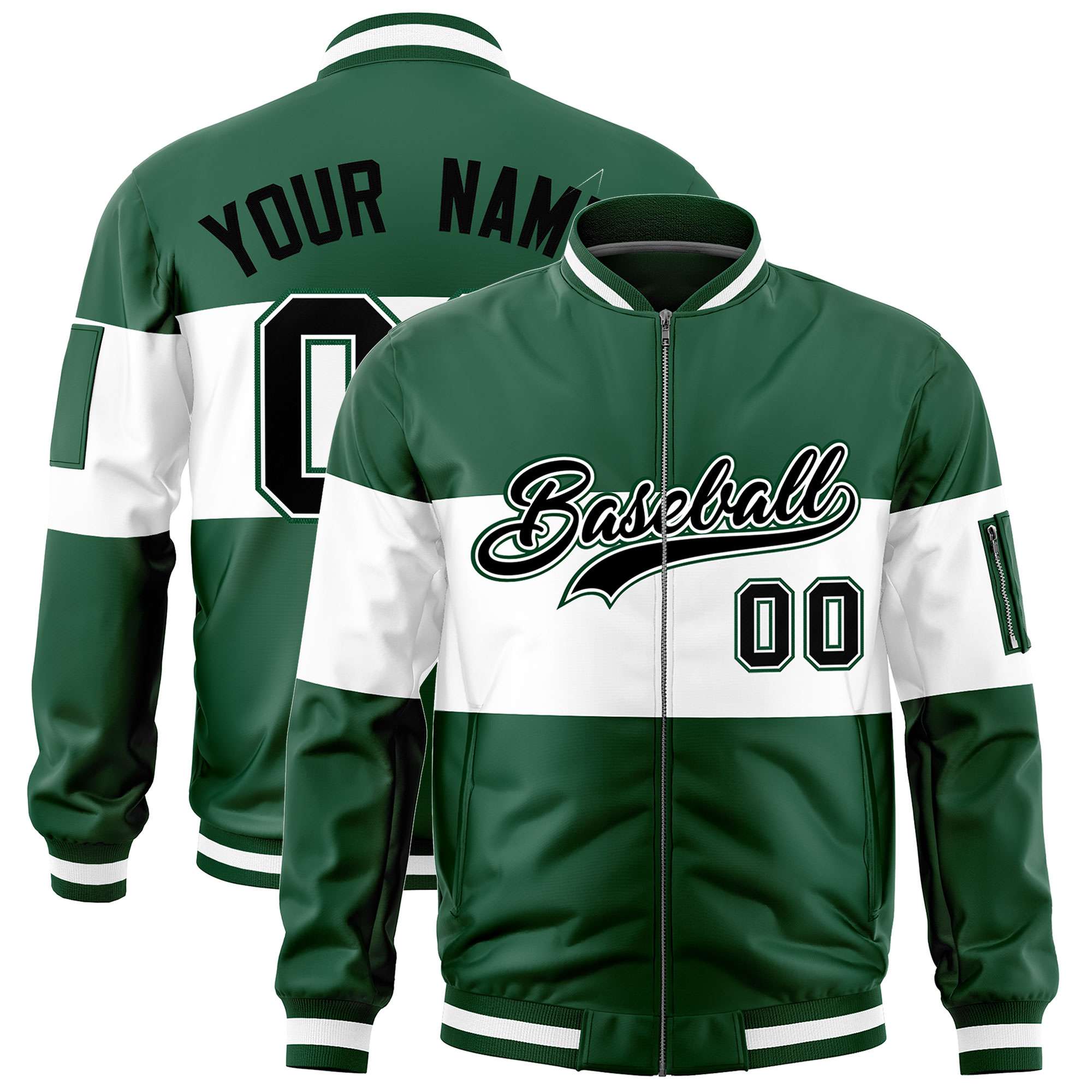 Custom Green White-Green Varsity Full-Zip Color Block Letterman Bomber Jacket