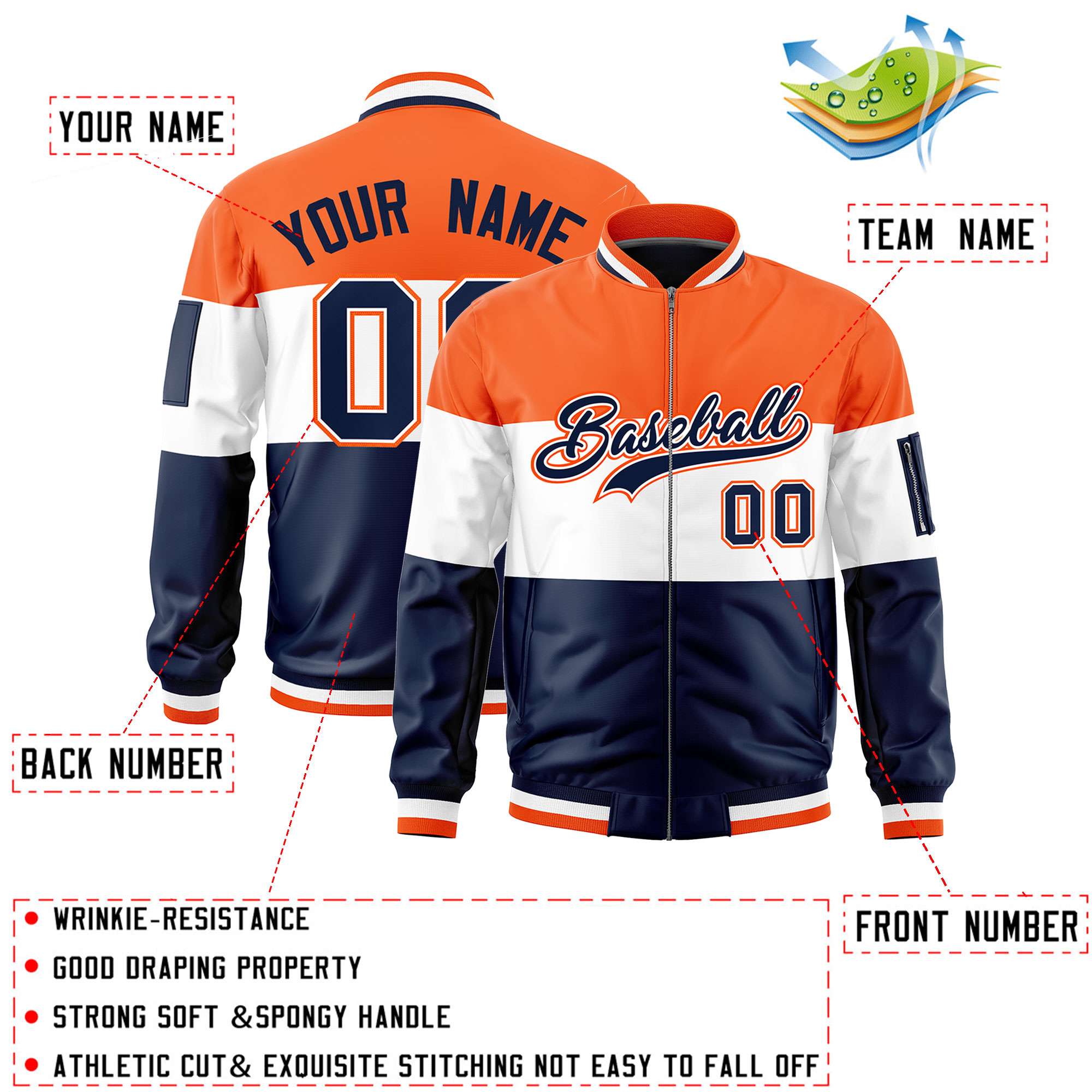 Custom Navy White-Orange Varsity Full-Zip Color Block Letterman Bomber Jacket