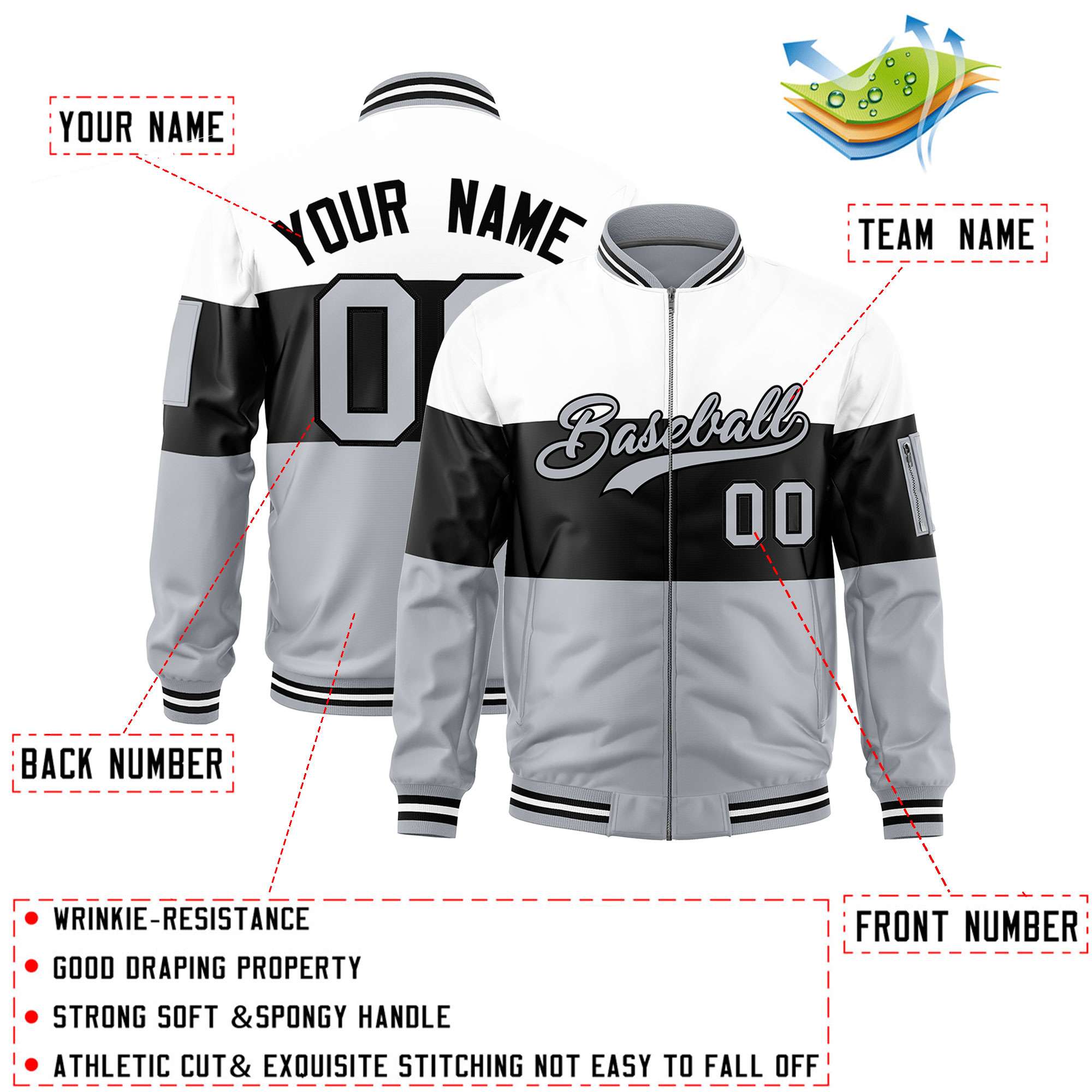 Custom White Black-Silver Varsity Full-Zip Color Block Letterman Bomber Jacket