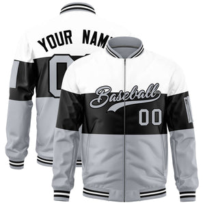 Custom White Black-Silver Varsity Full-Zip Color Block Letterman Bomber Jacket