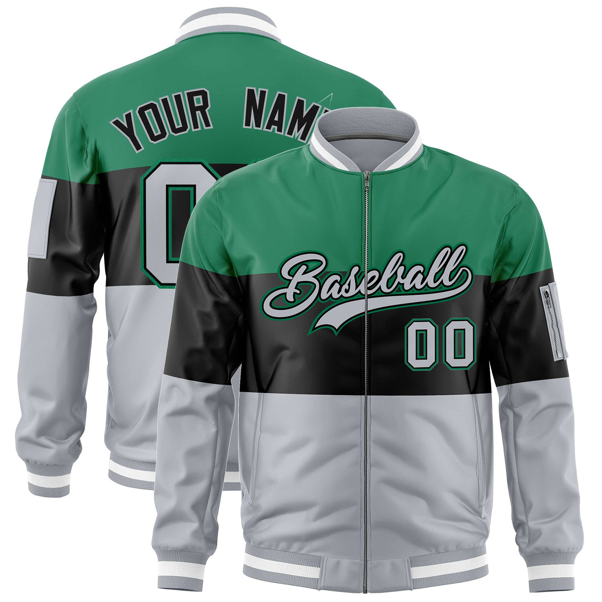 Custom Kelly Green Black-Silver Varsity Full-Zip Color Block Letterman Bomber Jacket