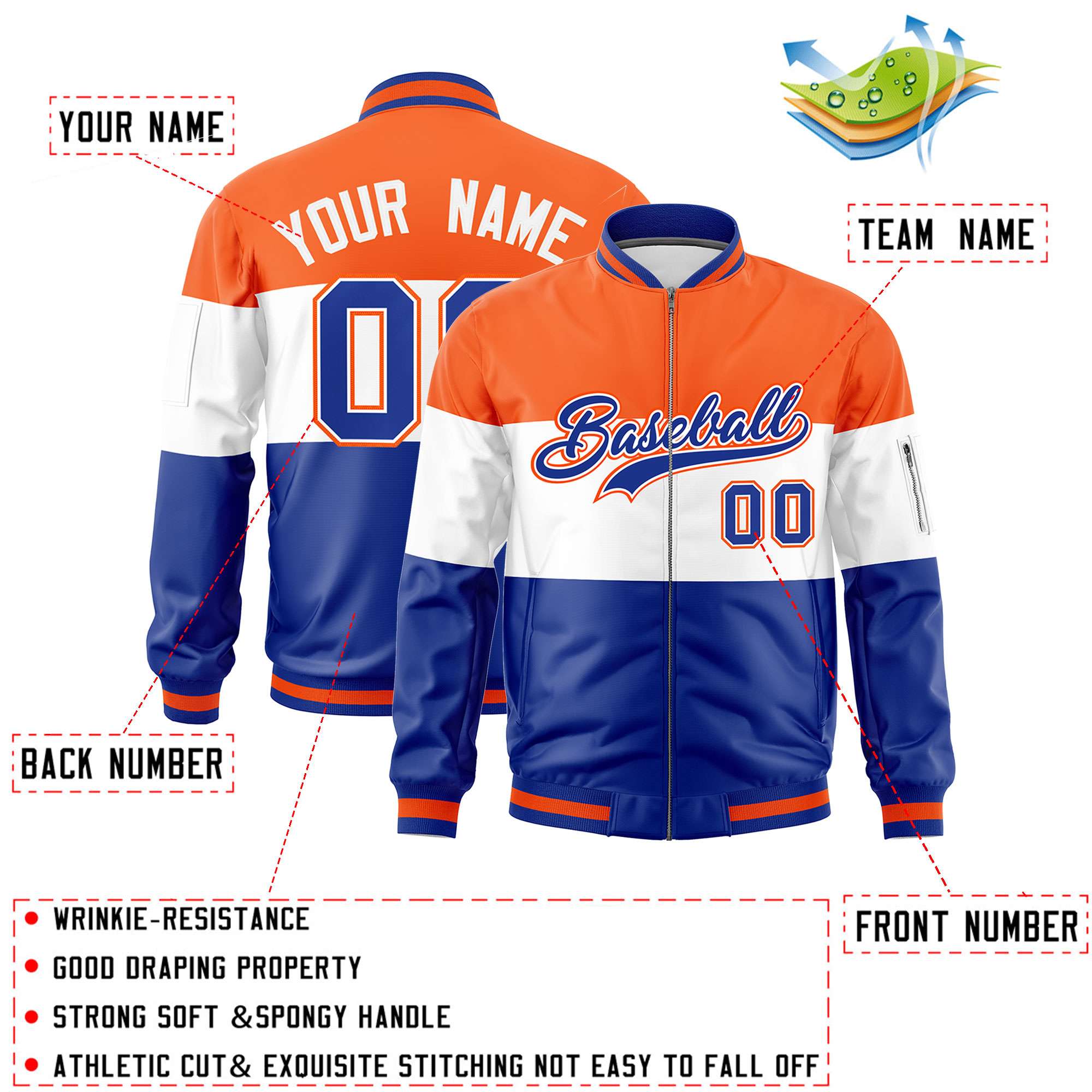 Custom Orange White-Royal Varsity Full-Zip Color Block Letterman Bomber Jacket