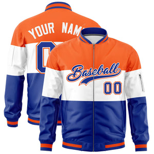 Custom Orange White-Royal Varsity Full-Zip Color Block Letterman Bomber Jacket