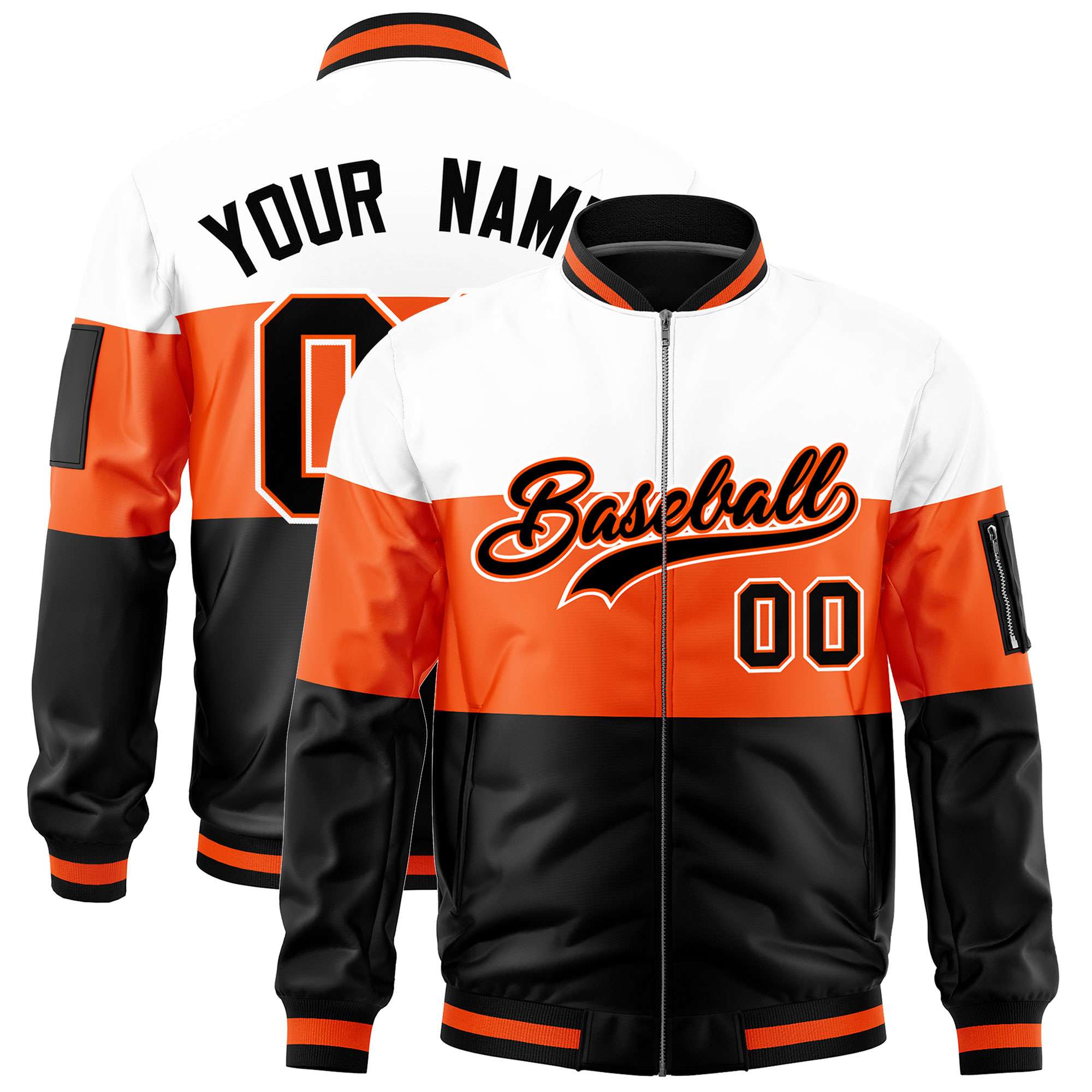 Custom White Orange-Black Varsity Full-Zip Color Block Letterman Bomber Jacket