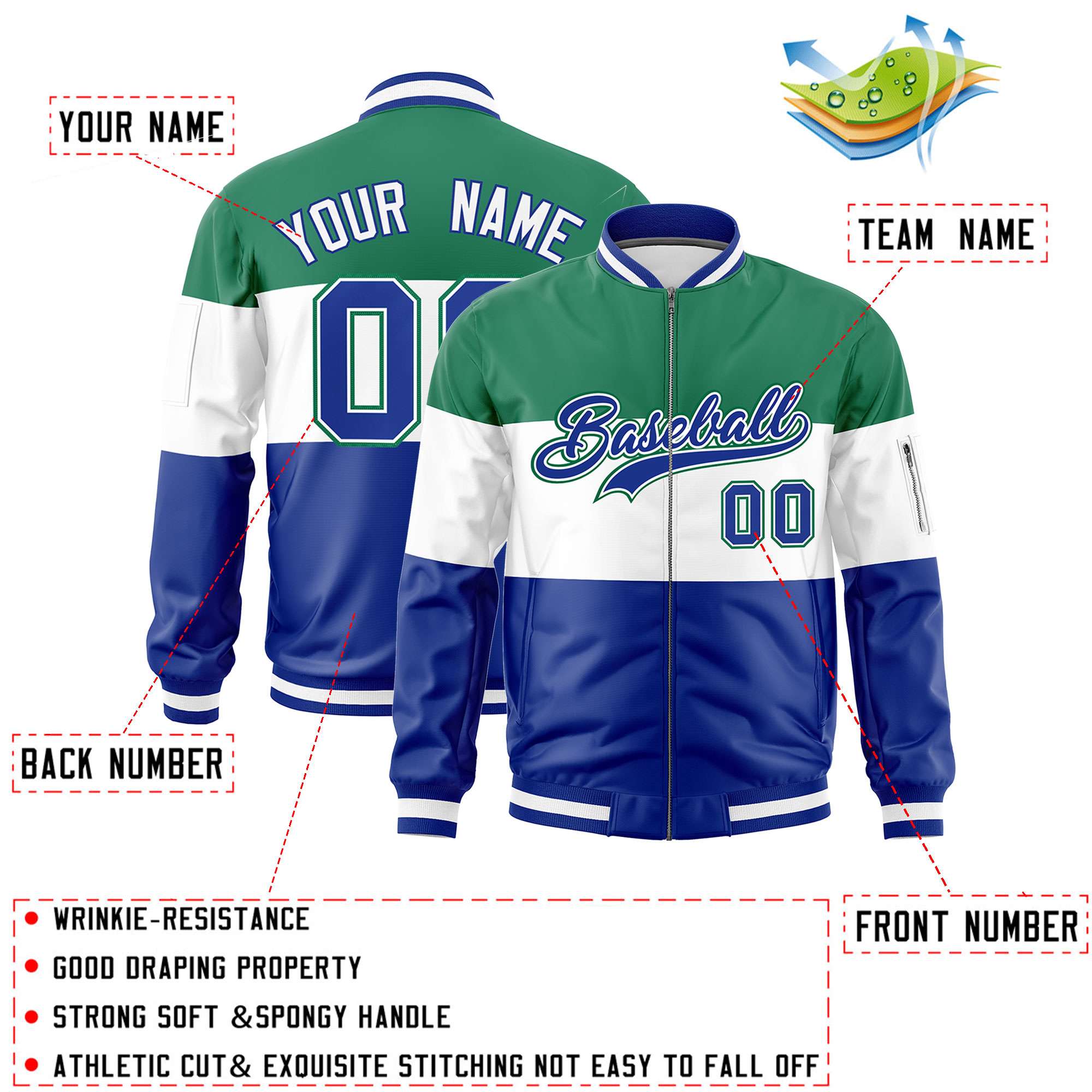 Custom Kelly Green White-Royal Varsity Full-Zip Color Block Letterman Bomber Jacket