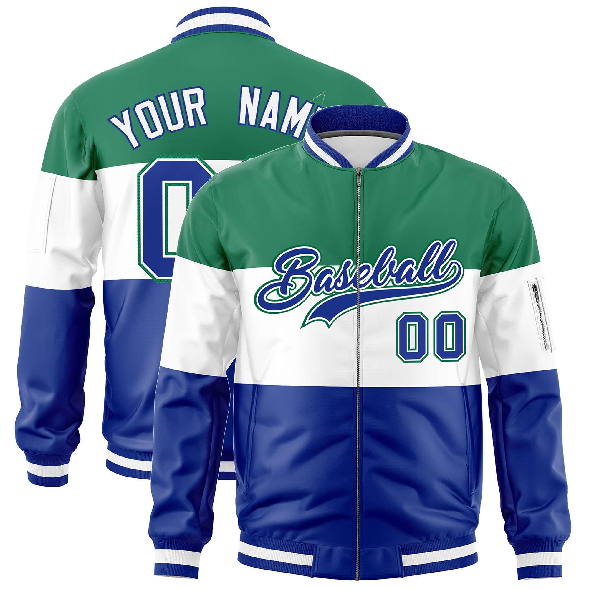 Custom Kelly Green White-Royal Varsity Full-Zip Color Block Letterman Bomber Jacket