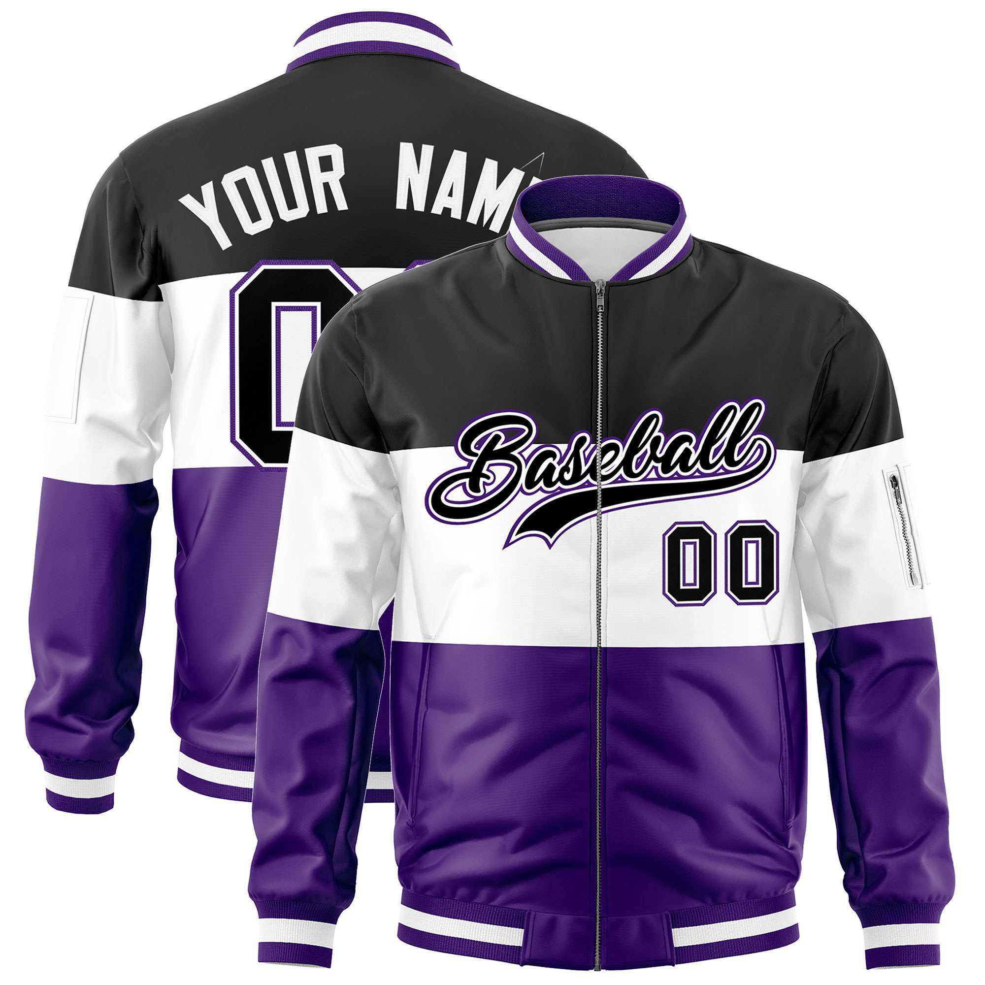 Custom Black White-Purple Varsity Full-Zip Color Block Letterman Bomber Jacket