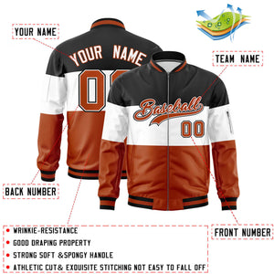 Custom Black White-Texas Orange Varsity Full-Zip Color Block Letterman Bomber Jacket