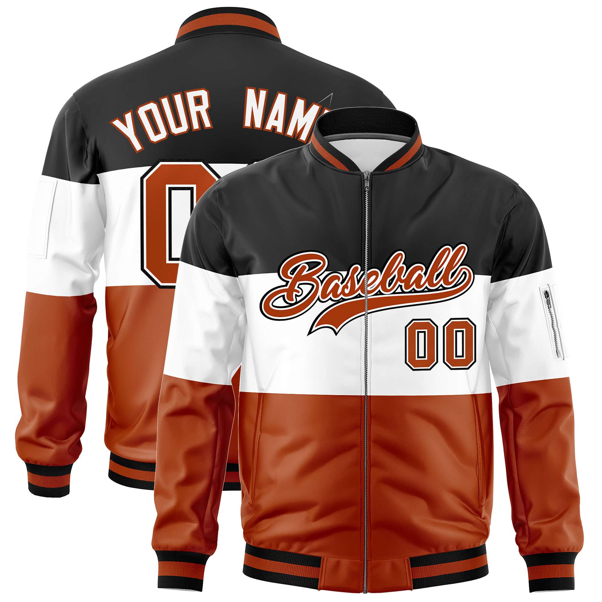 Custom Black White-Texas Orange Varsity Full-Zip Color Block Letterman Bomber Jacket