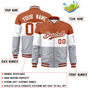 Custom Texas Orange White-Silver Varsity Full-Zip Color Block Letterman Bomber Jacket