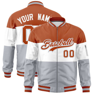 Custom Texas Orange White-Silver Varsity Full-Zip Color Block Letterman Bomber Jacket