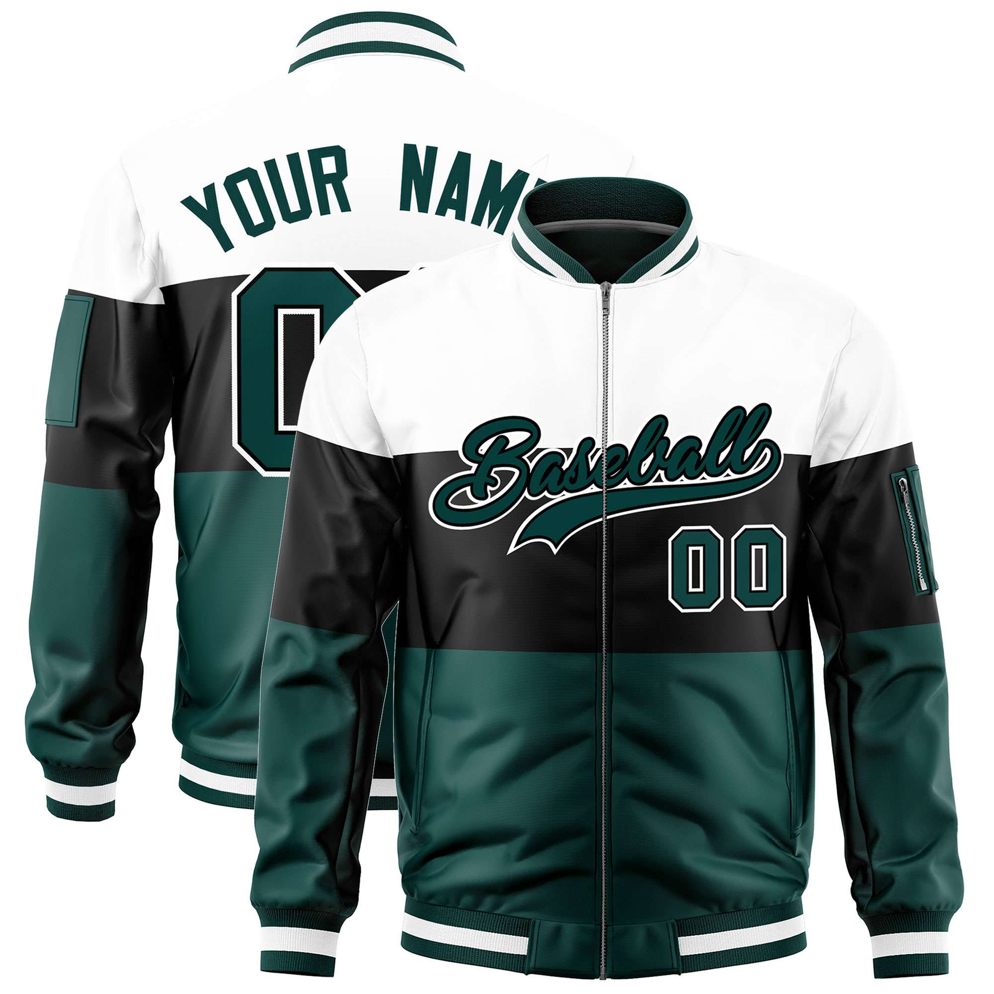 Custom White Black-Midnight Green Varsity Full-Zip Color Block Letterman Bomber Jacket