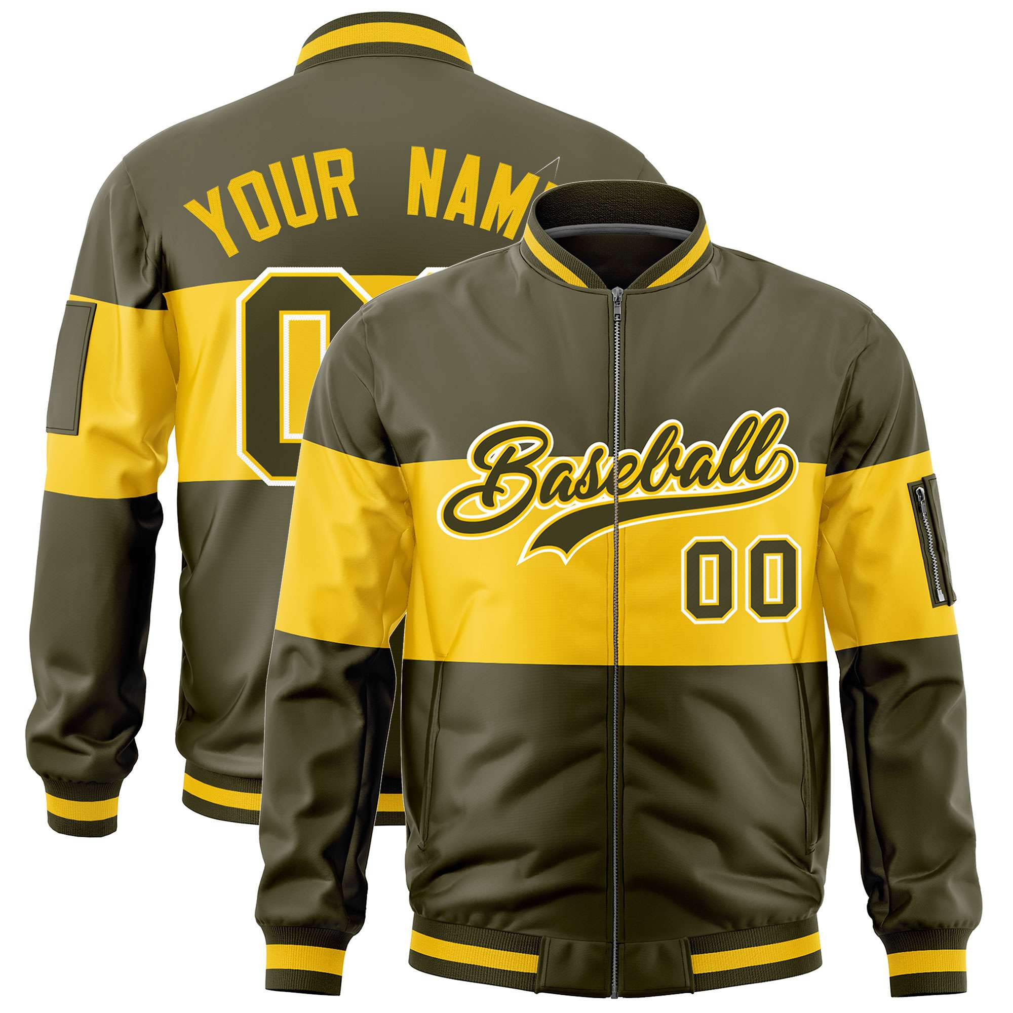 Custom Olive Gold-Olive Varsity Full-Zip Color Block Letterman Bomber Jacket