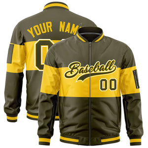 Custom Olive Gold-Olive Varsity Full-Zip Color Block Letterman Bomber Jacket