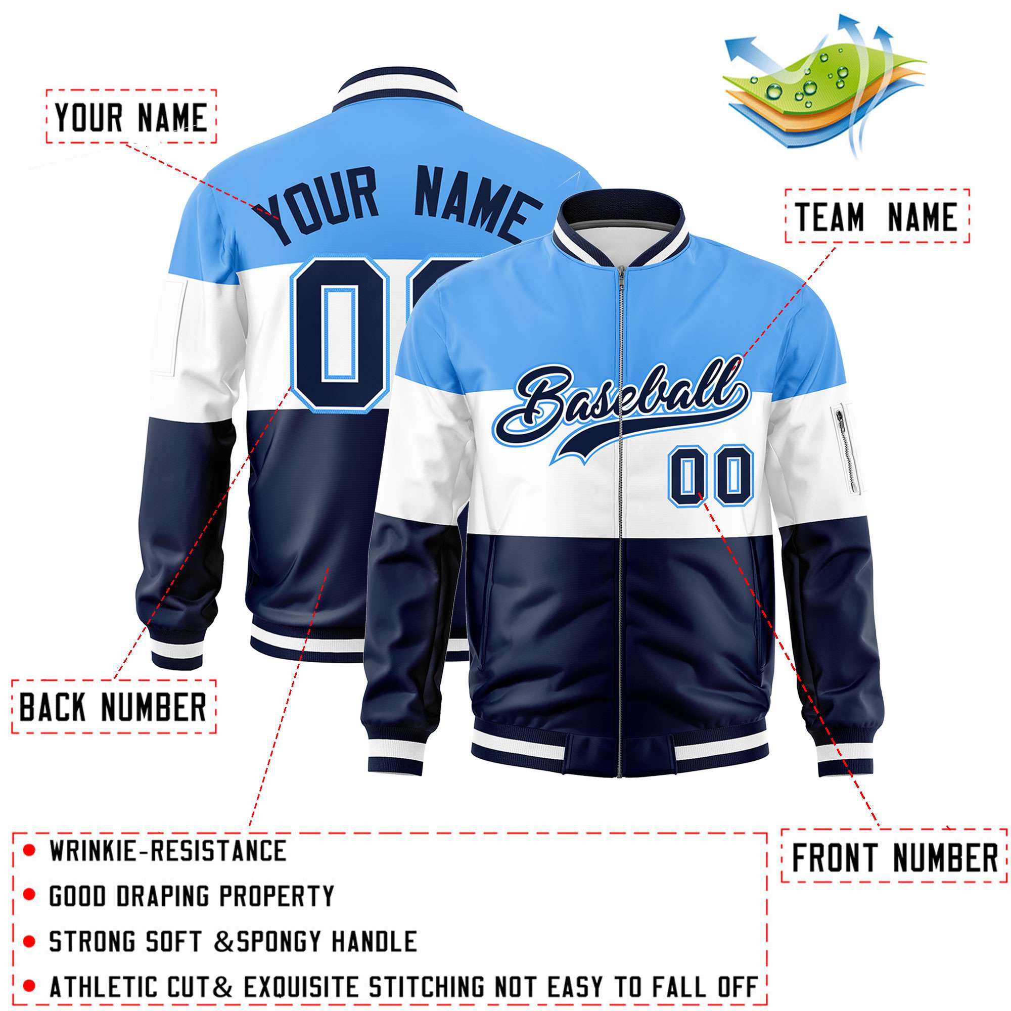 Custom Powder Blue White-Navy Varsity Full-Zip Color Block Letterman Bomber Jacket