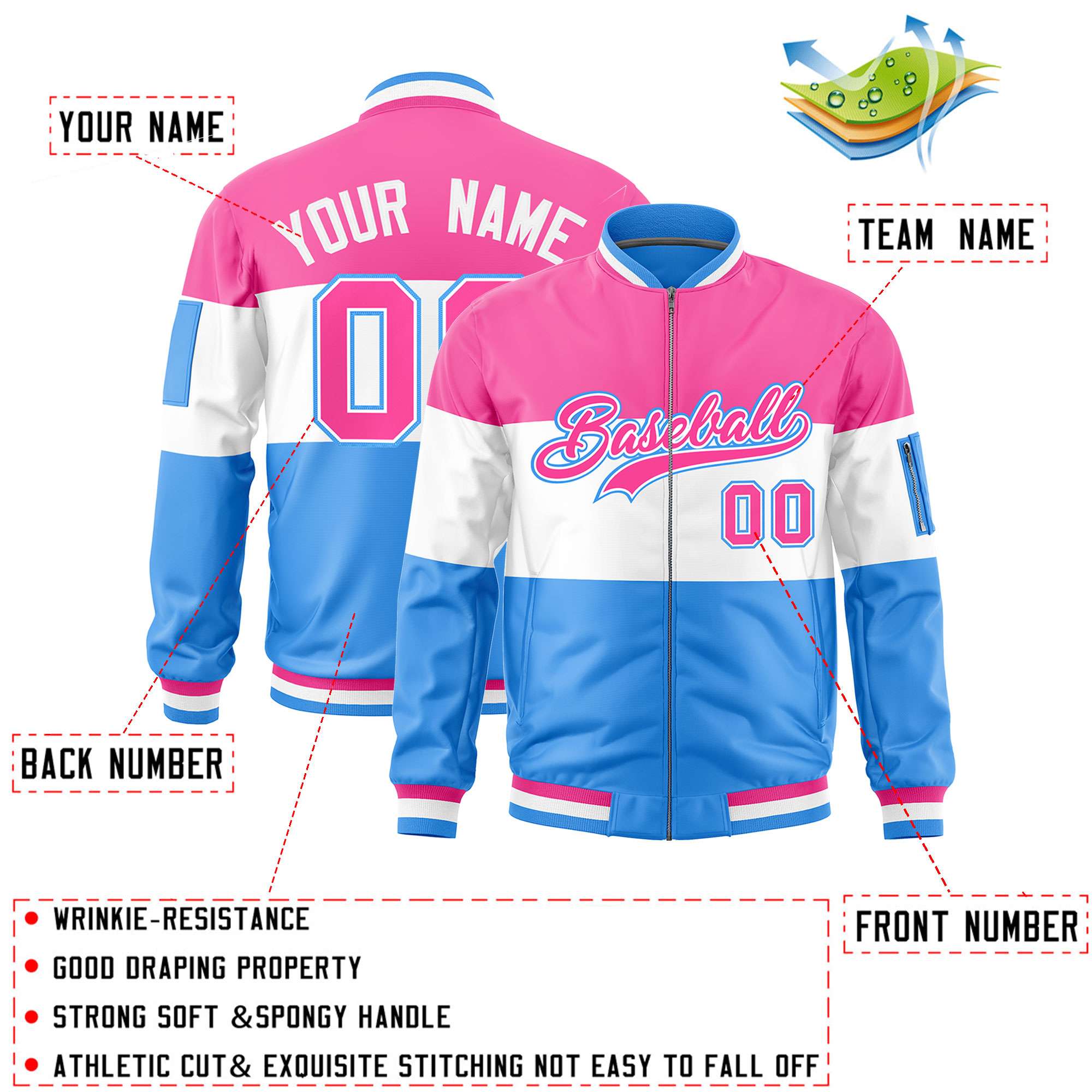 Custom Pink White-Powder Blue Varsity Full-Zip Color Block Letterman Bomber Jacket