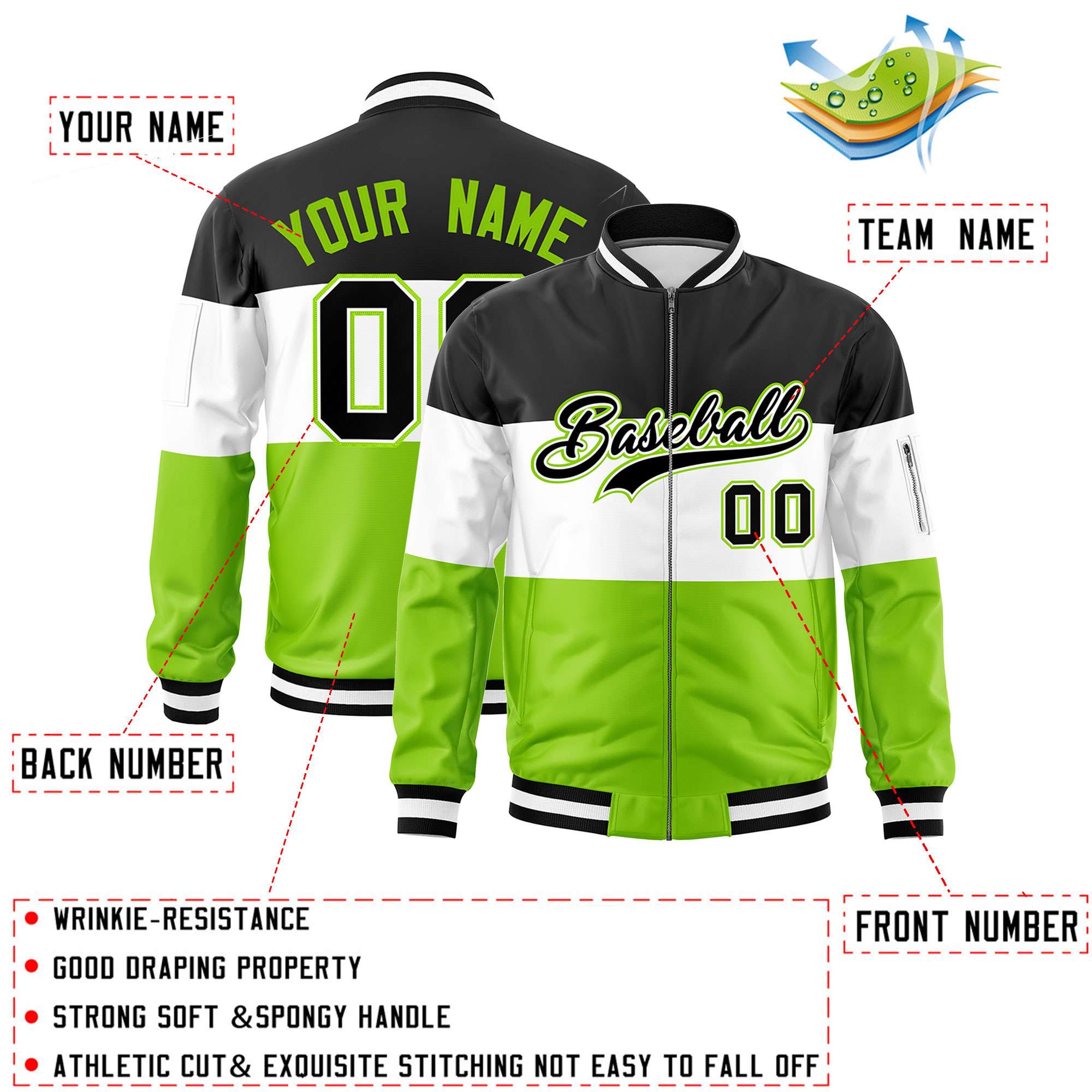 Custom Black White-Neon Green Varsity Full-Zip Color Block Letterman Bomber Jacket