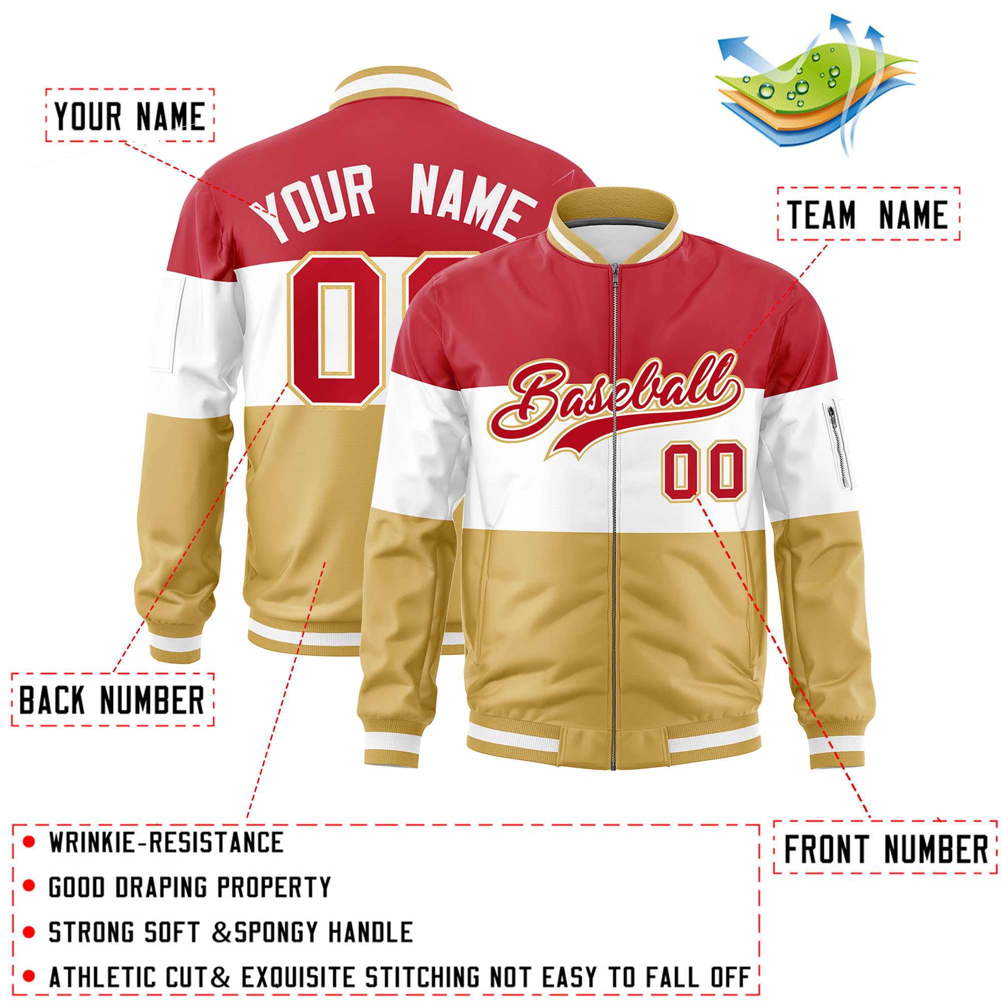 Custom Red White-Old Gold Varsity Full-Zip Color Block Letterman Bomber Jacket