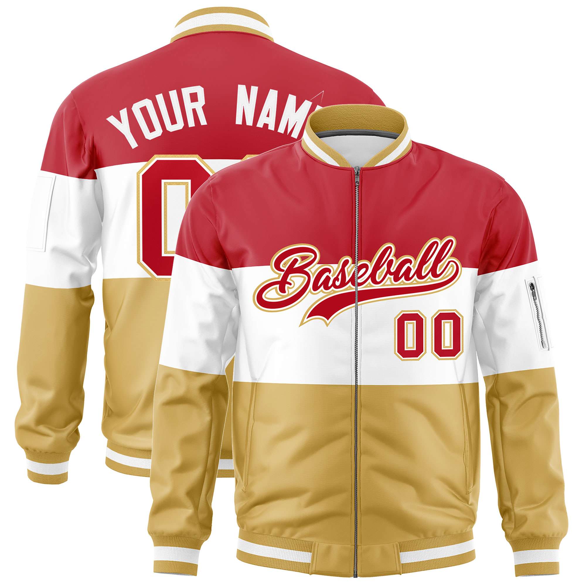 Custom Red White-Old Gold Varsity Full-Zip Color Block Letterman Bomber Jacket