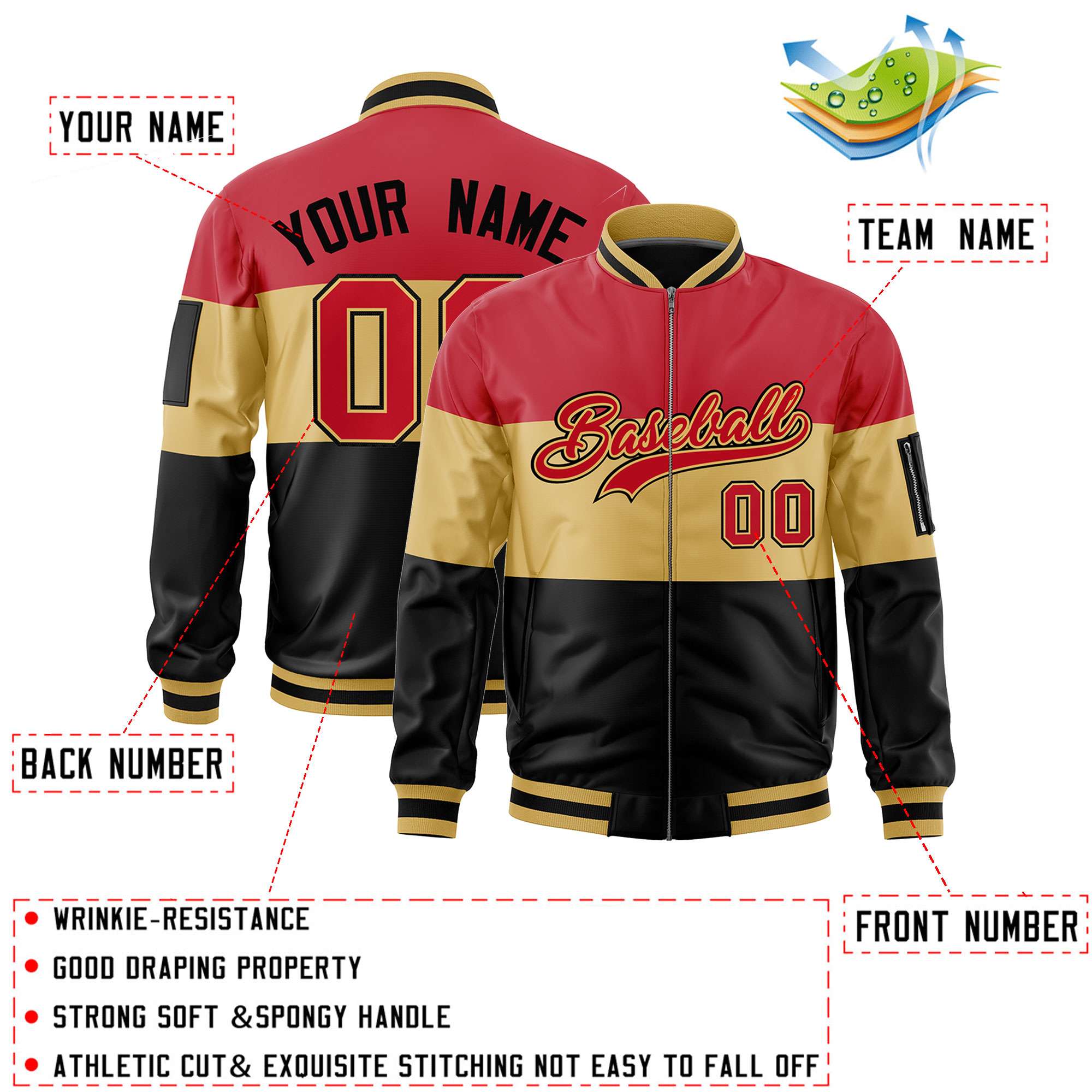 Custom Red Old Gold-Black Varsity Full-Zip Color Block Letterman Bomber Jacket