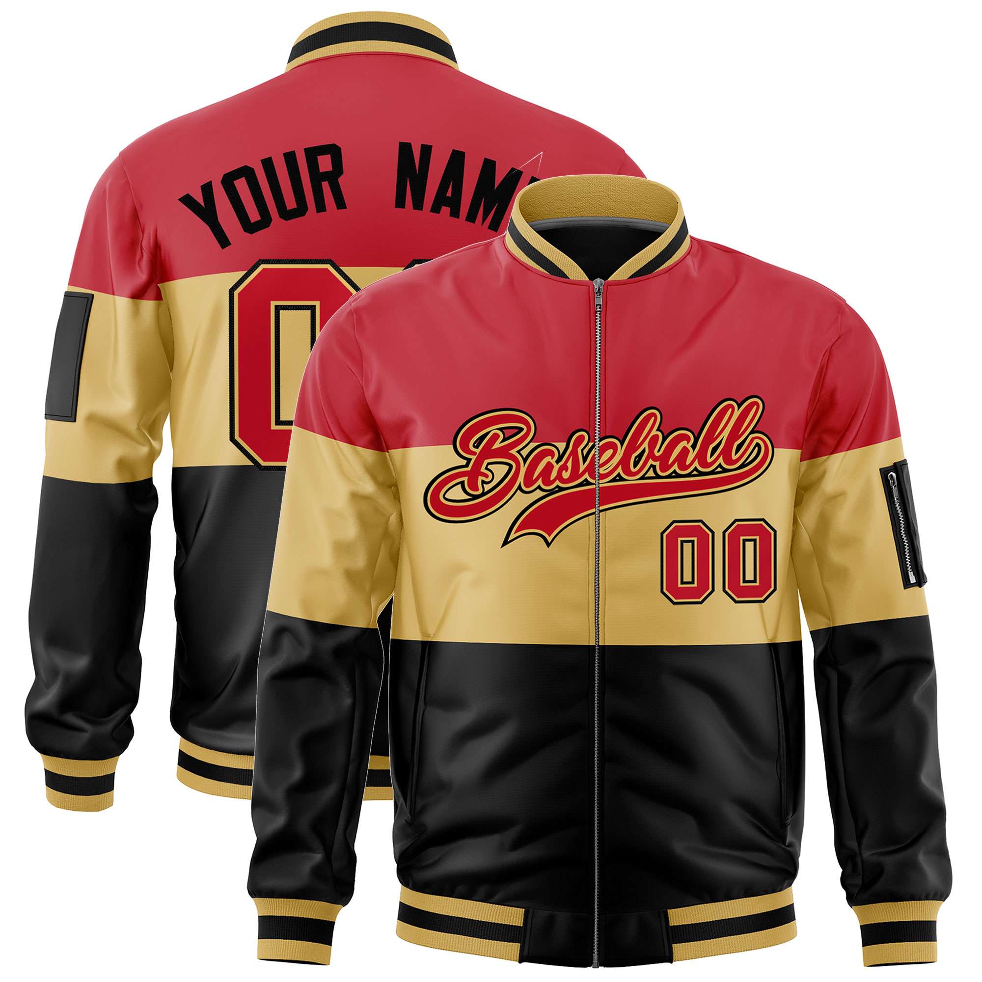 Custom Red Old Gold-Black Varsity Full-Zip Color Block Letterman Bomber Jacket