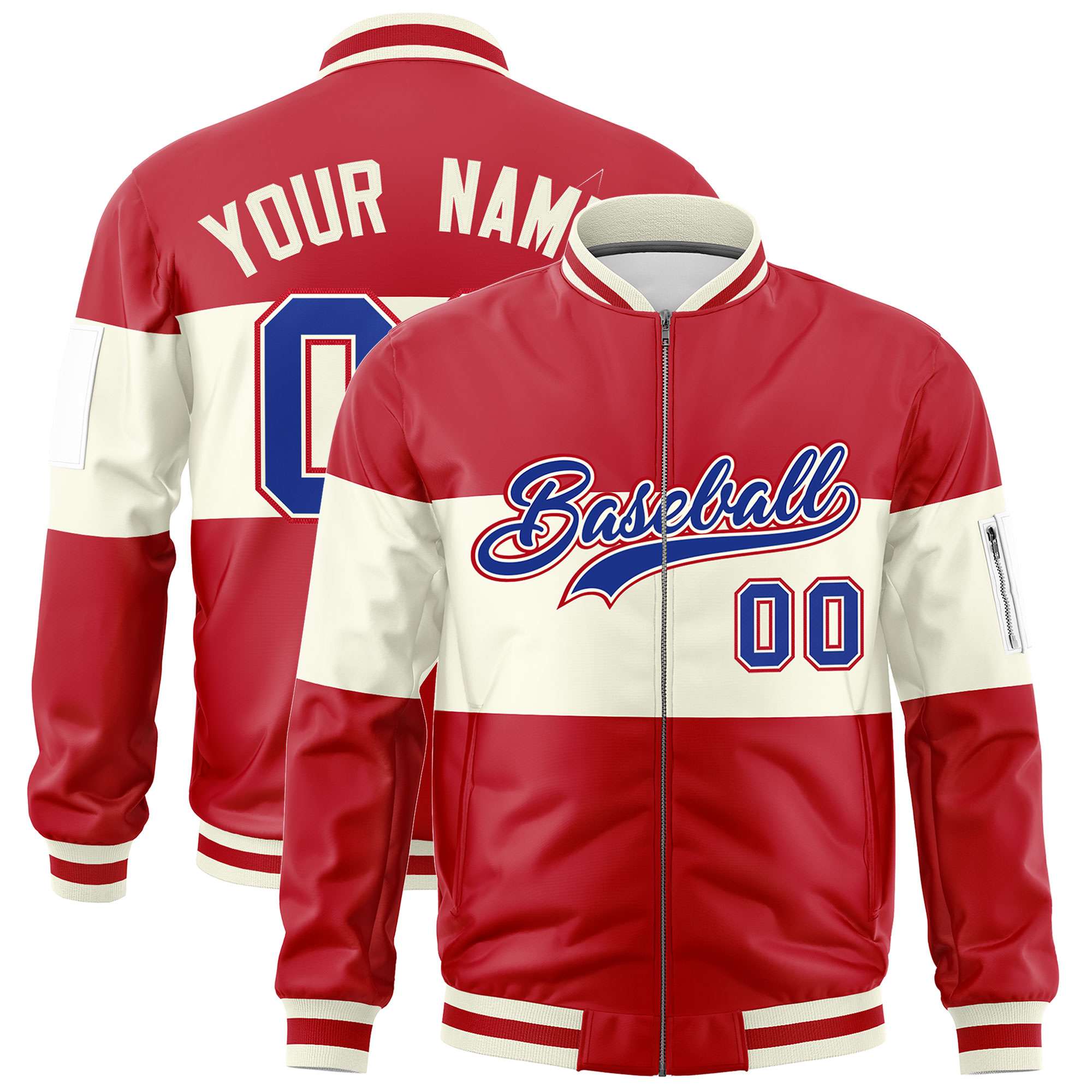 Custom Red Cream-Red Varsity Full-Zip Color Block Letterman Bomber Jacket