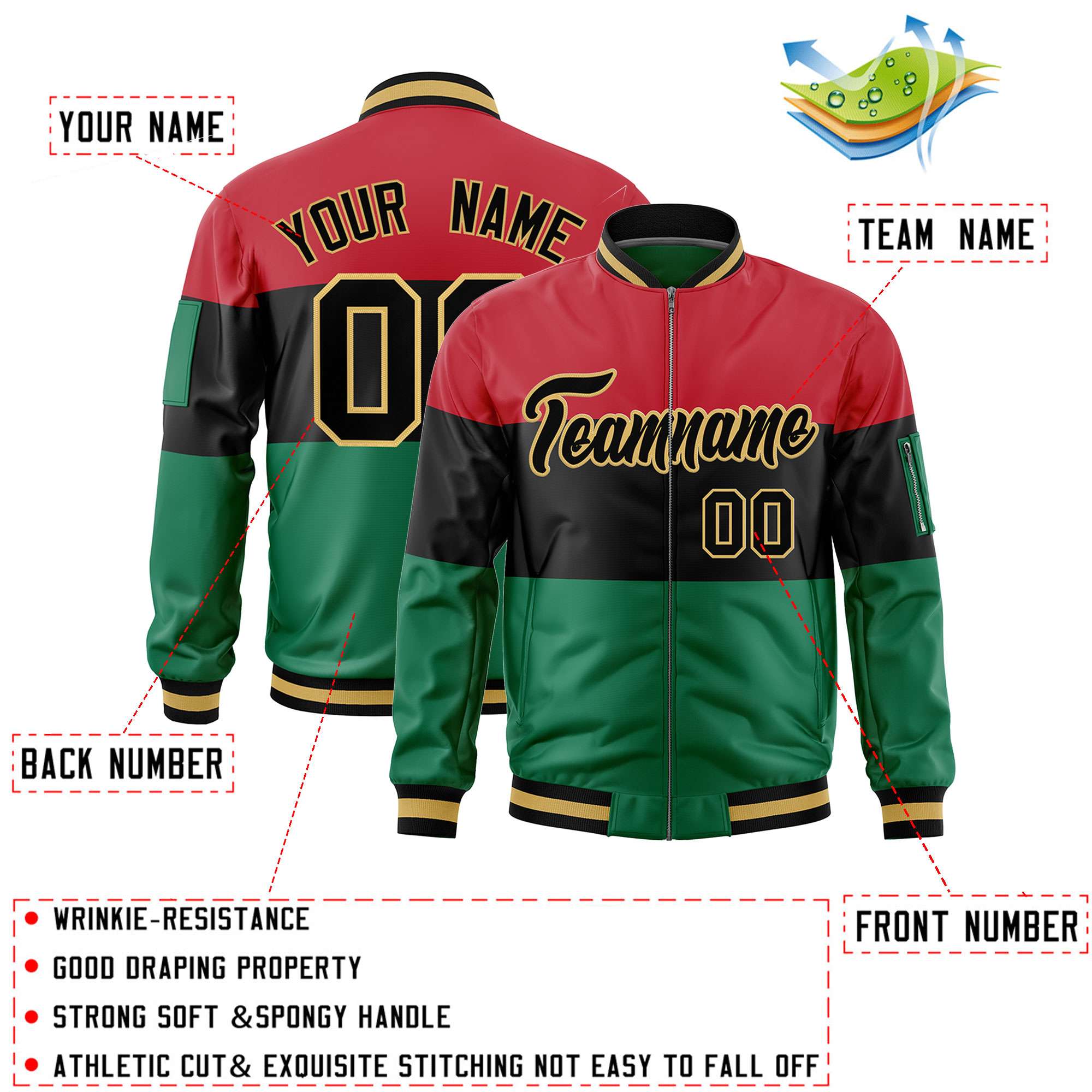 Custom Red Black-Kelly Green Varsity Full-Zip Color Block Letterman Bomber Jacket