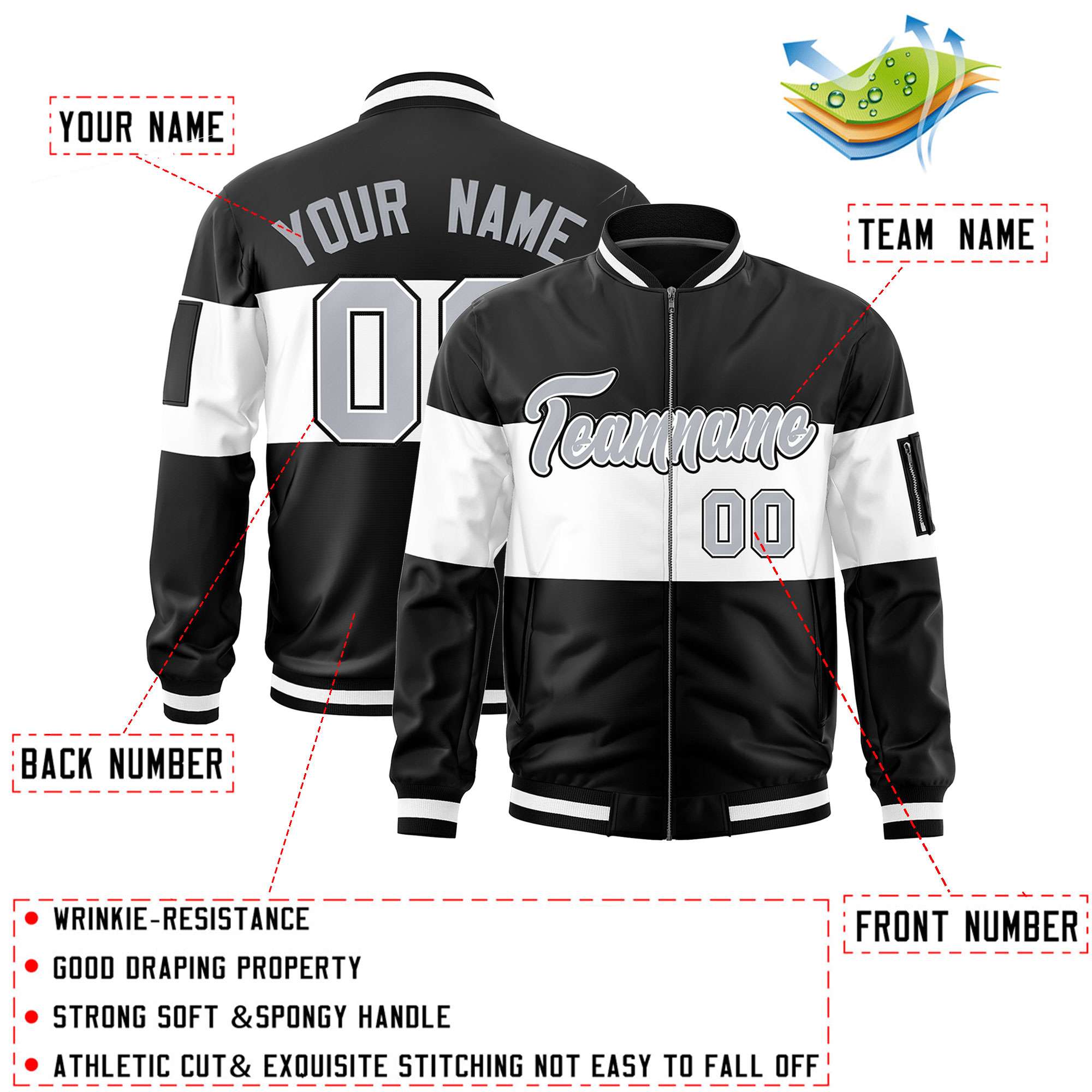 Custom Black White-Black Varsity Full-Zip Color Block Letterman Bomber Jacket