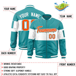 Custom Aqua White-Aqua Varsity Full-Zip Color Block Letterman Bomber Jacket